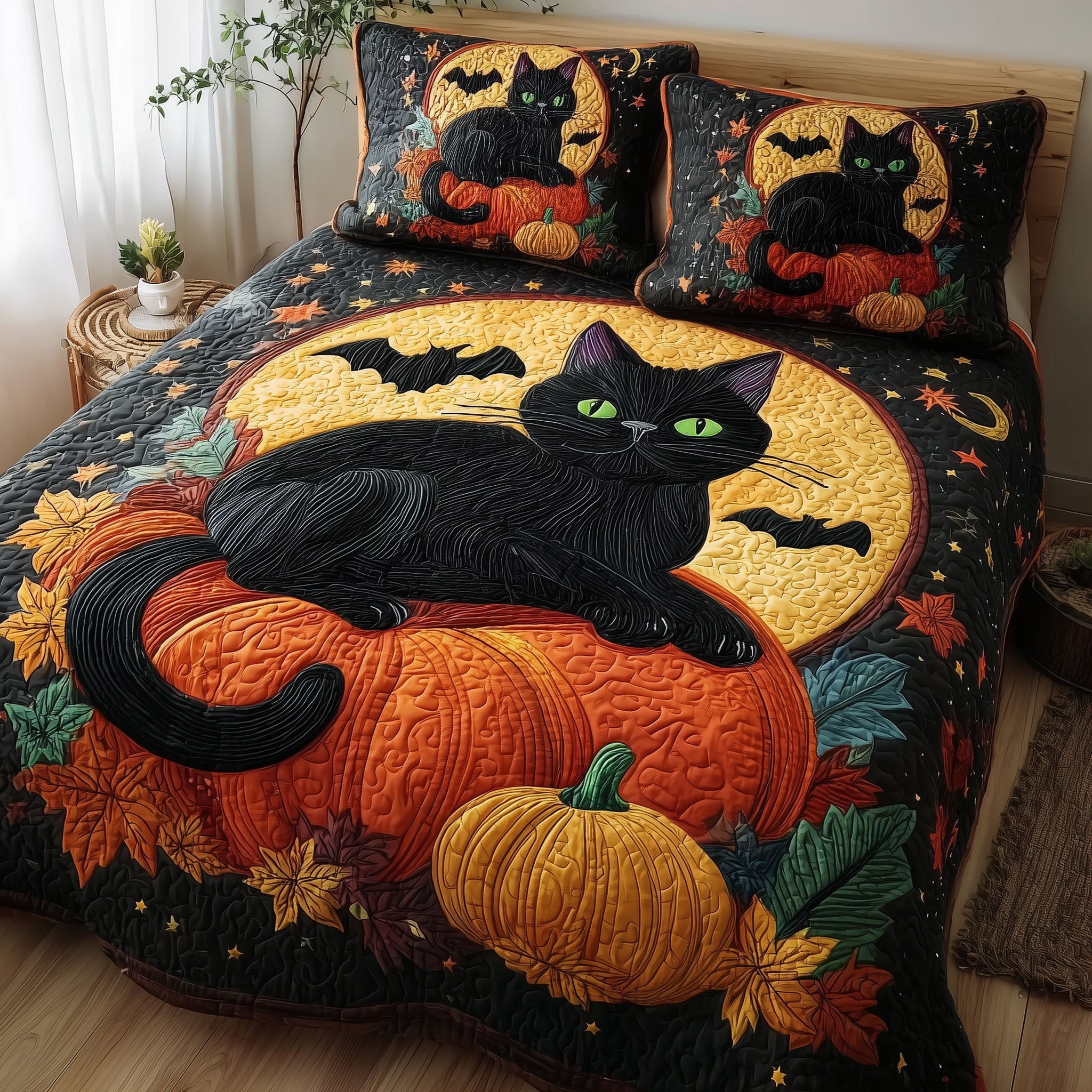 Spooky Black Cat Quilted Bedding Set Linen Blend