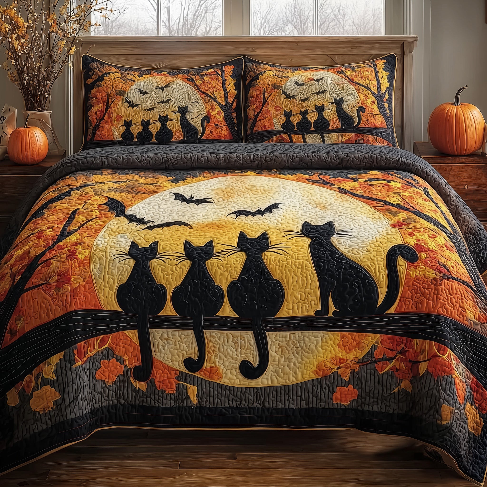 Spooky Black Cat Quilted Bedding Set Microfiber