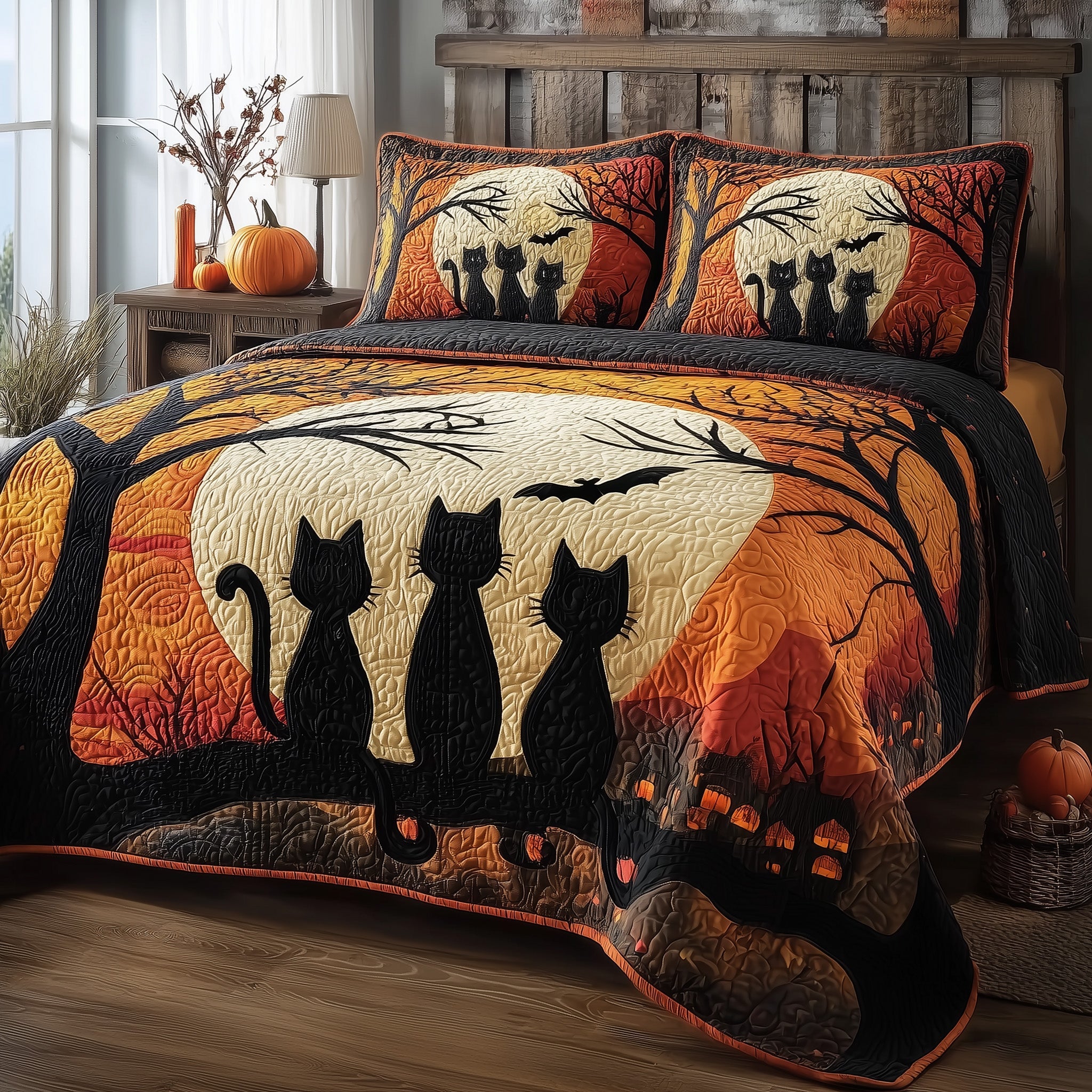 Spooky Black Cat Quilted Bedding Set New Home Gift