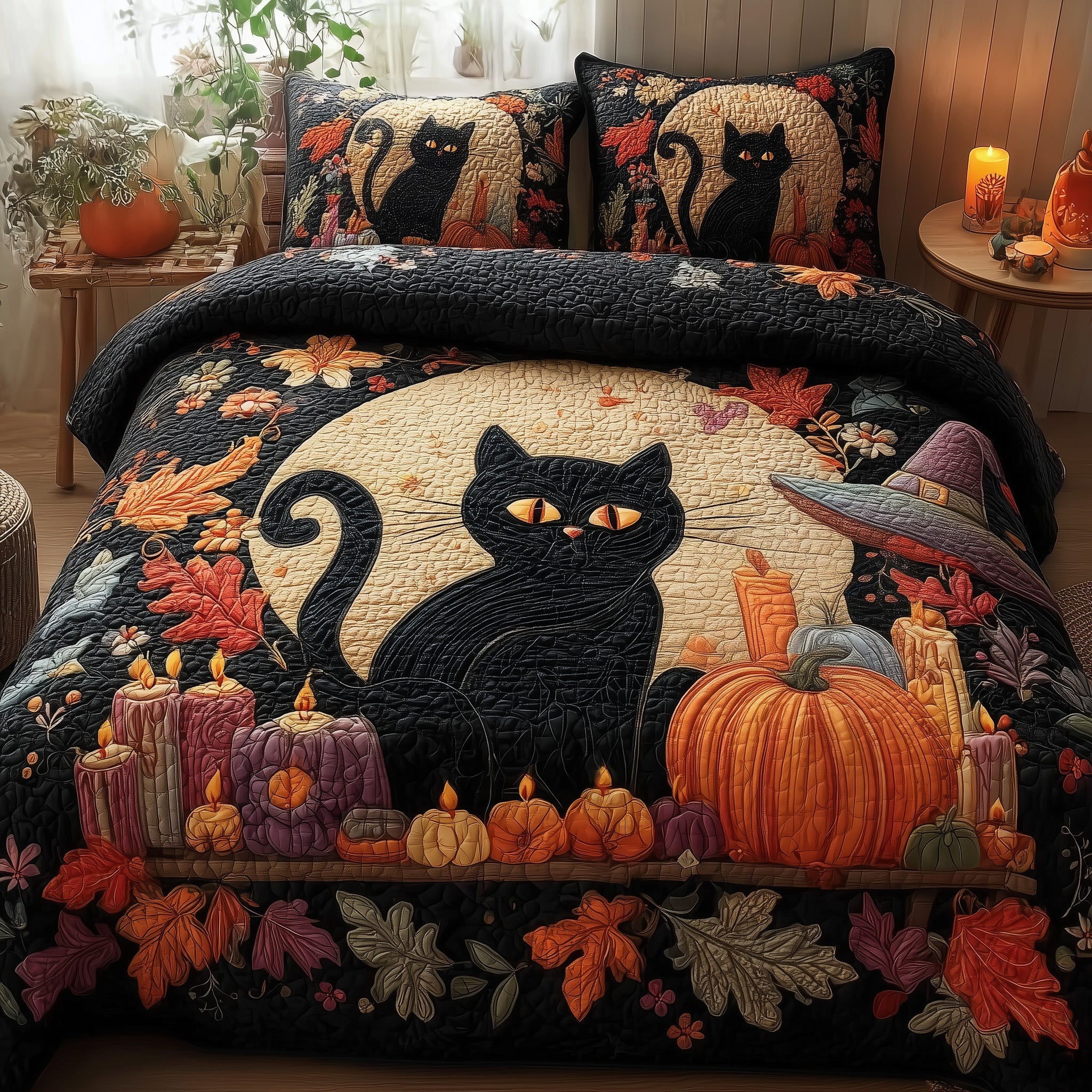 Spooky Black Cat Quilted Bedding Set Wedding Gift