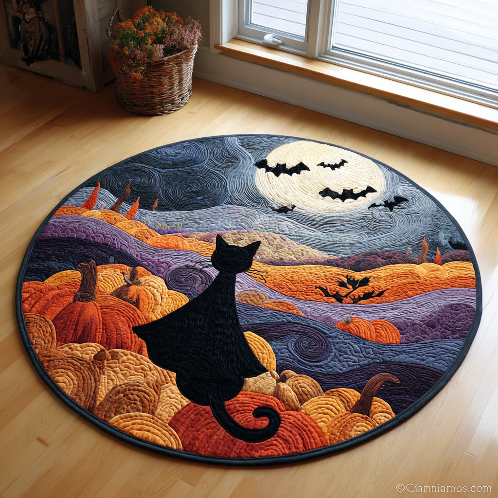 Spooky Black Cat Quilted Round Mat Entryway Decor Funny Presents For Cat Lovers