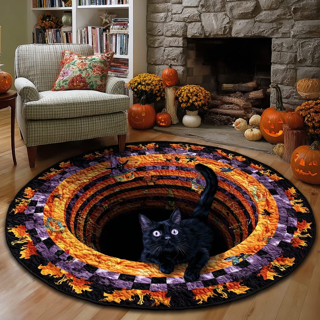 Spooky Black Cat Quilted Round Mat Halloween Round Mat Gifts For Halloween Lovers