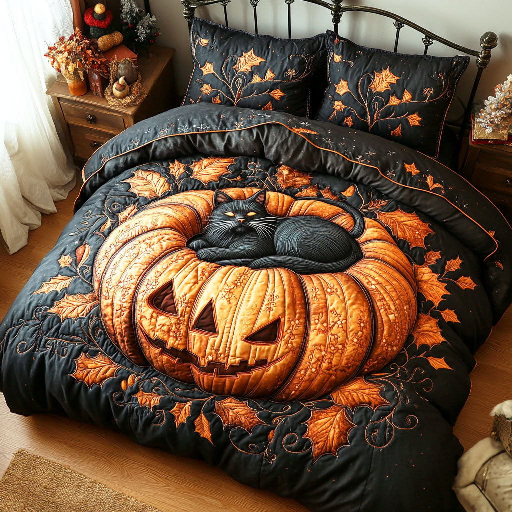 Spooky Cat Quilted Bedding Set Autumn Bed Sheet Set Black Cat Merchandise Gifts