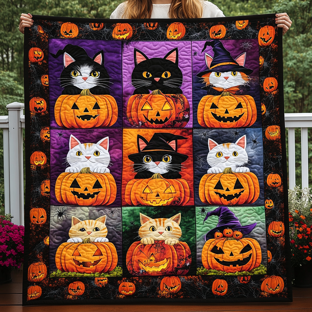 Spooky Cats Quilted Blanket Gift For Halloween