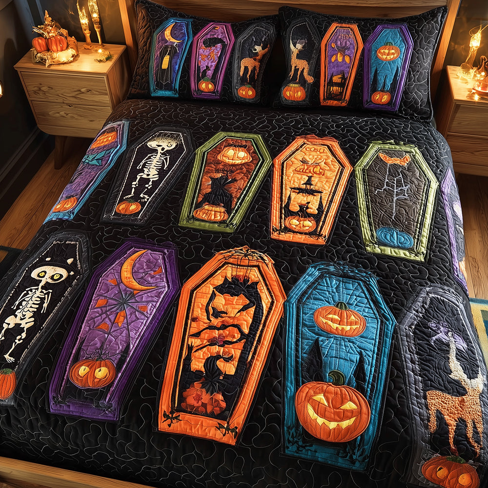 Spooky Coffins Quilted Bedding Set Halloween Sheet Set Unique Present For Family