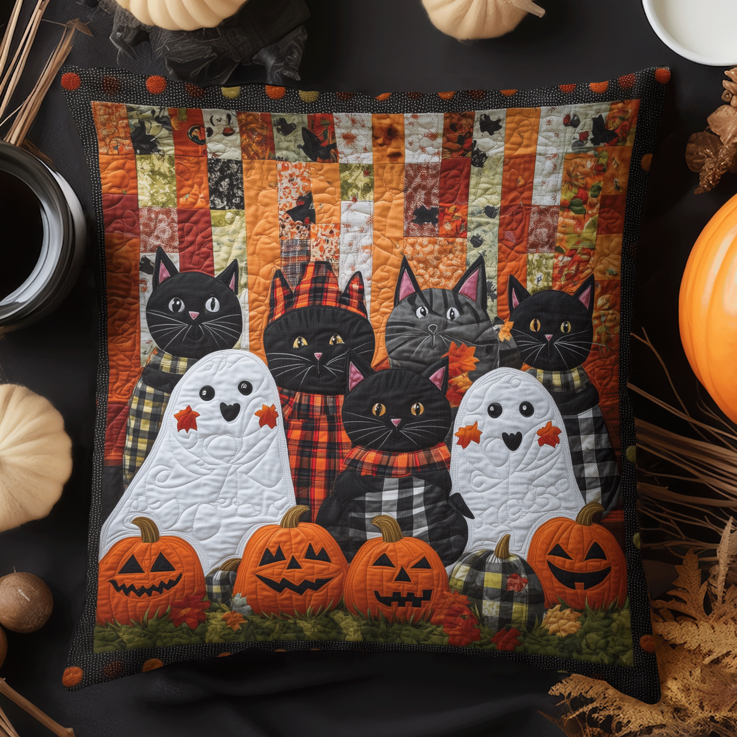 Spooky Feline Quilted Pillow Case Christmas Tree Pillow Cover