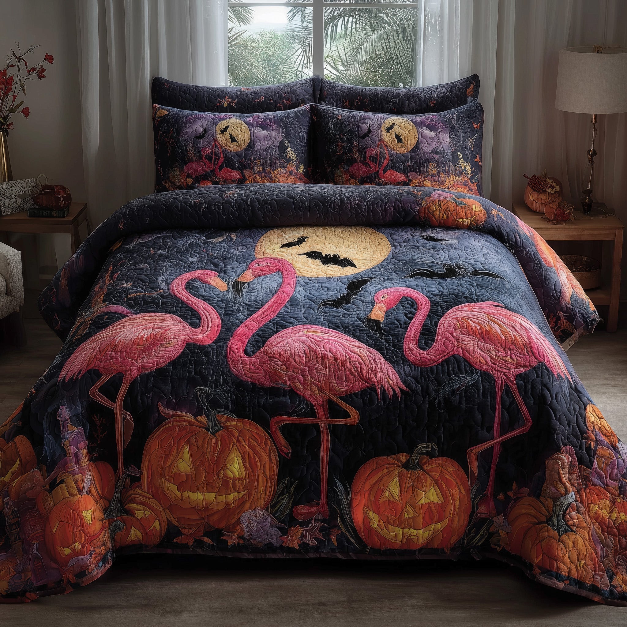 Spooky Flamingo Haven Quilted Bedding Set For Men