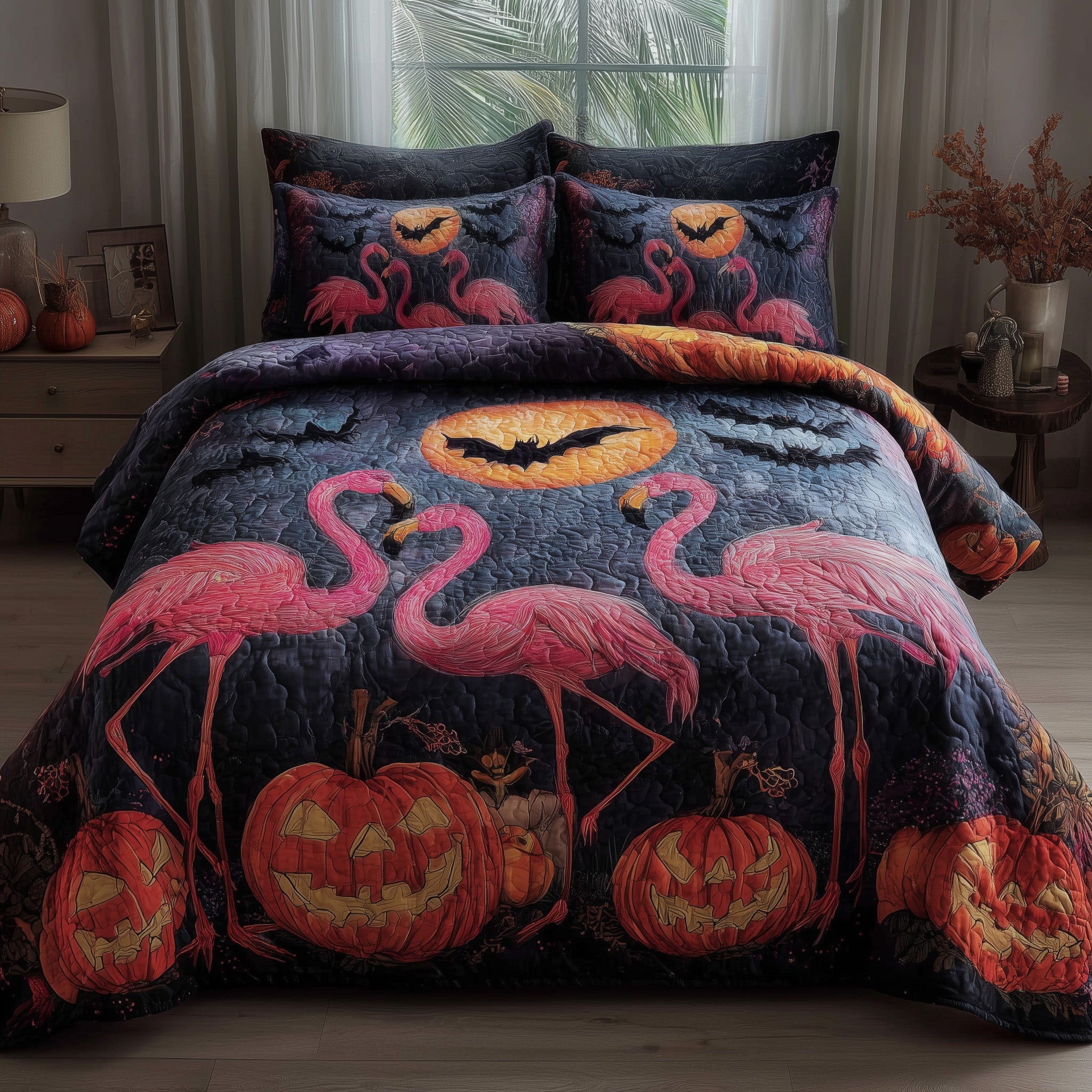 Spooky Flamingo Haven Quilted Bedding Set For Women