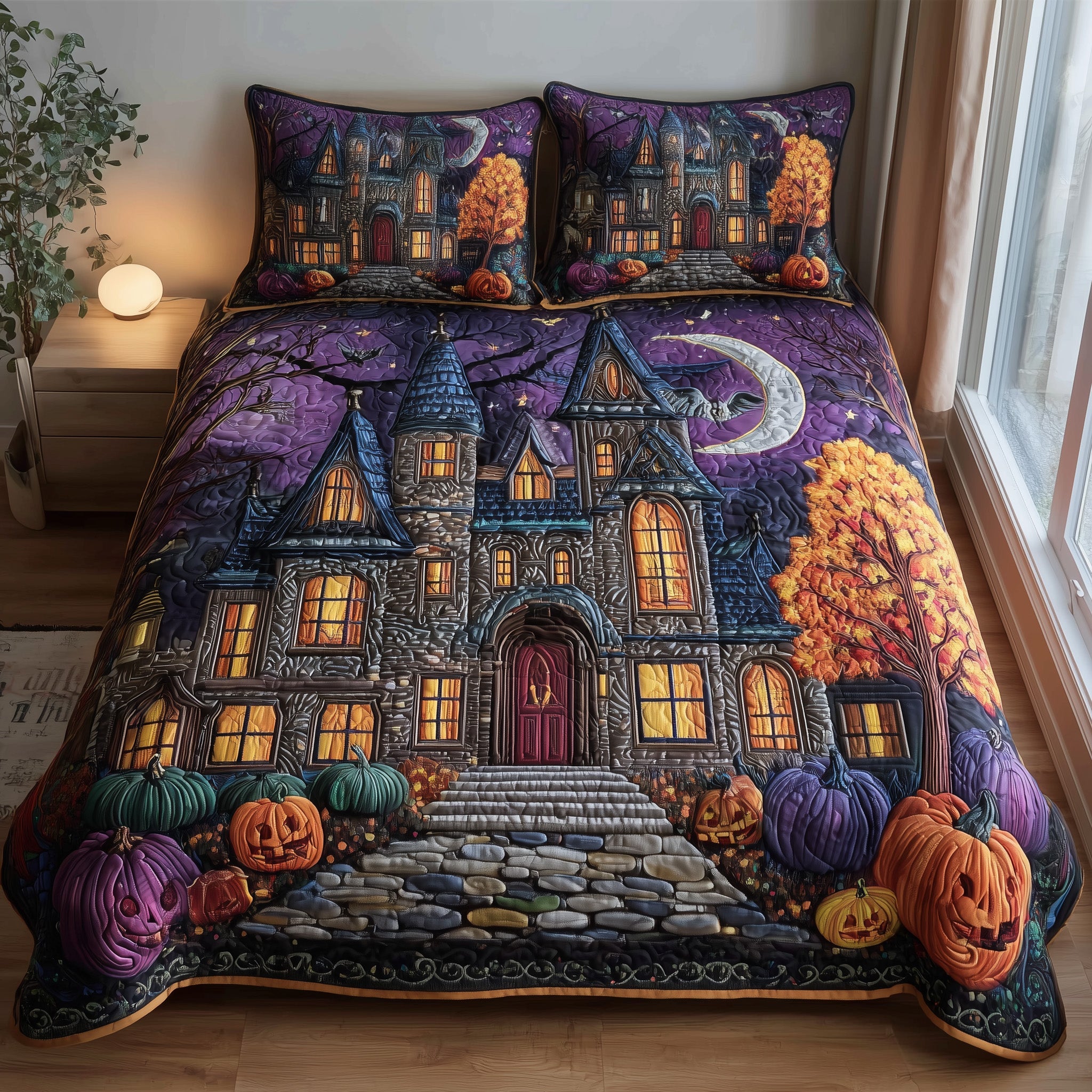 Spooky House Quilted Bedding Set Duvet Cover Bedspread Halloween Birthday Gifts Witch