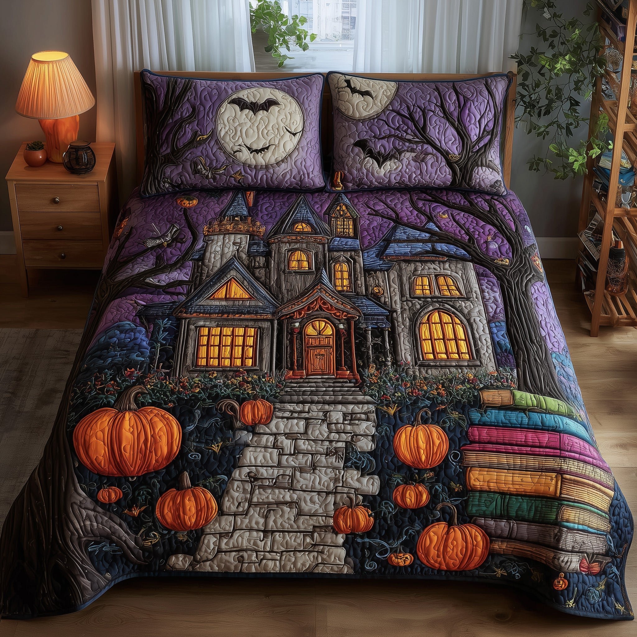 Spooky House Quilted Bedding Set Duvet Cover Bedspread Halloween Gift Ideas For Adults
