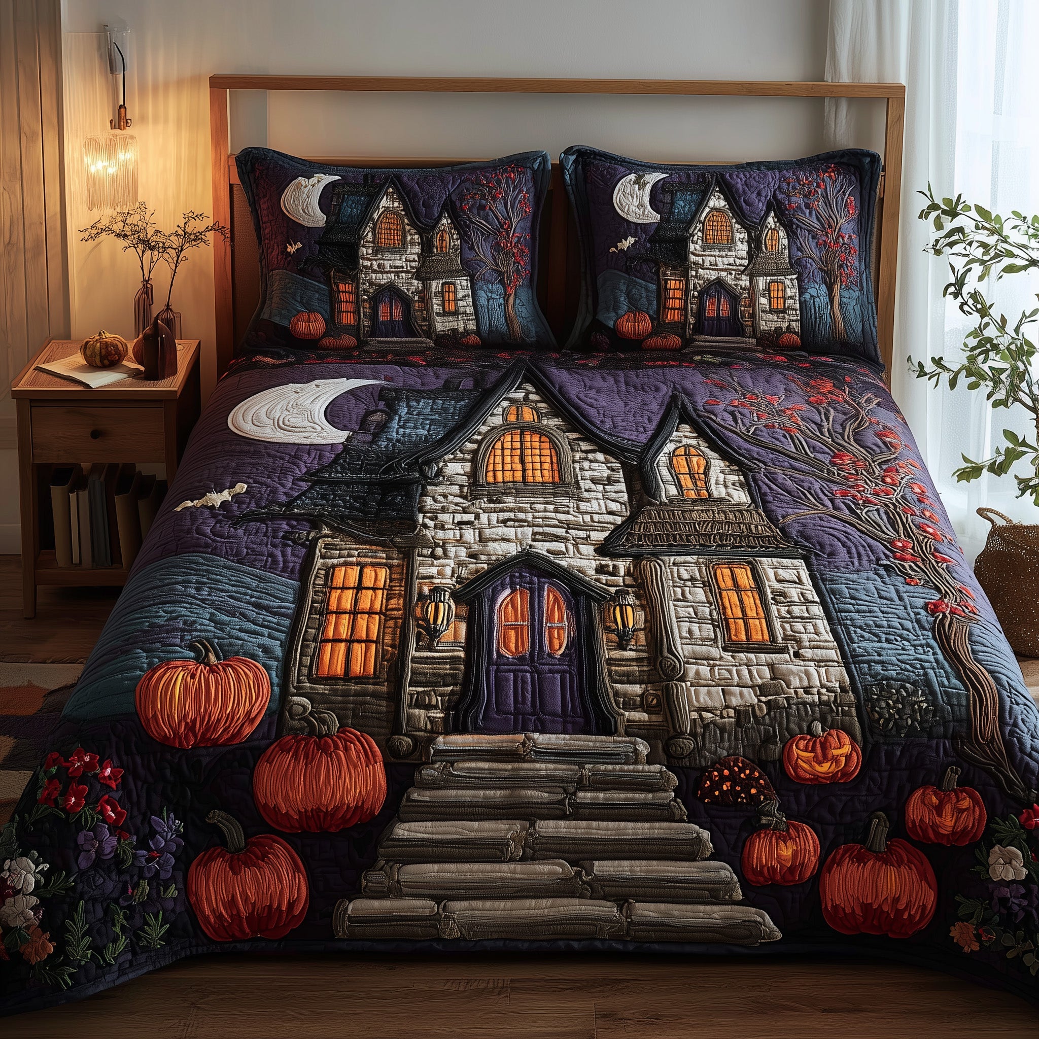 Spooky House Quilted Bedding Set Duvet Cover Bedspread Halloween Gifts For Her Witch