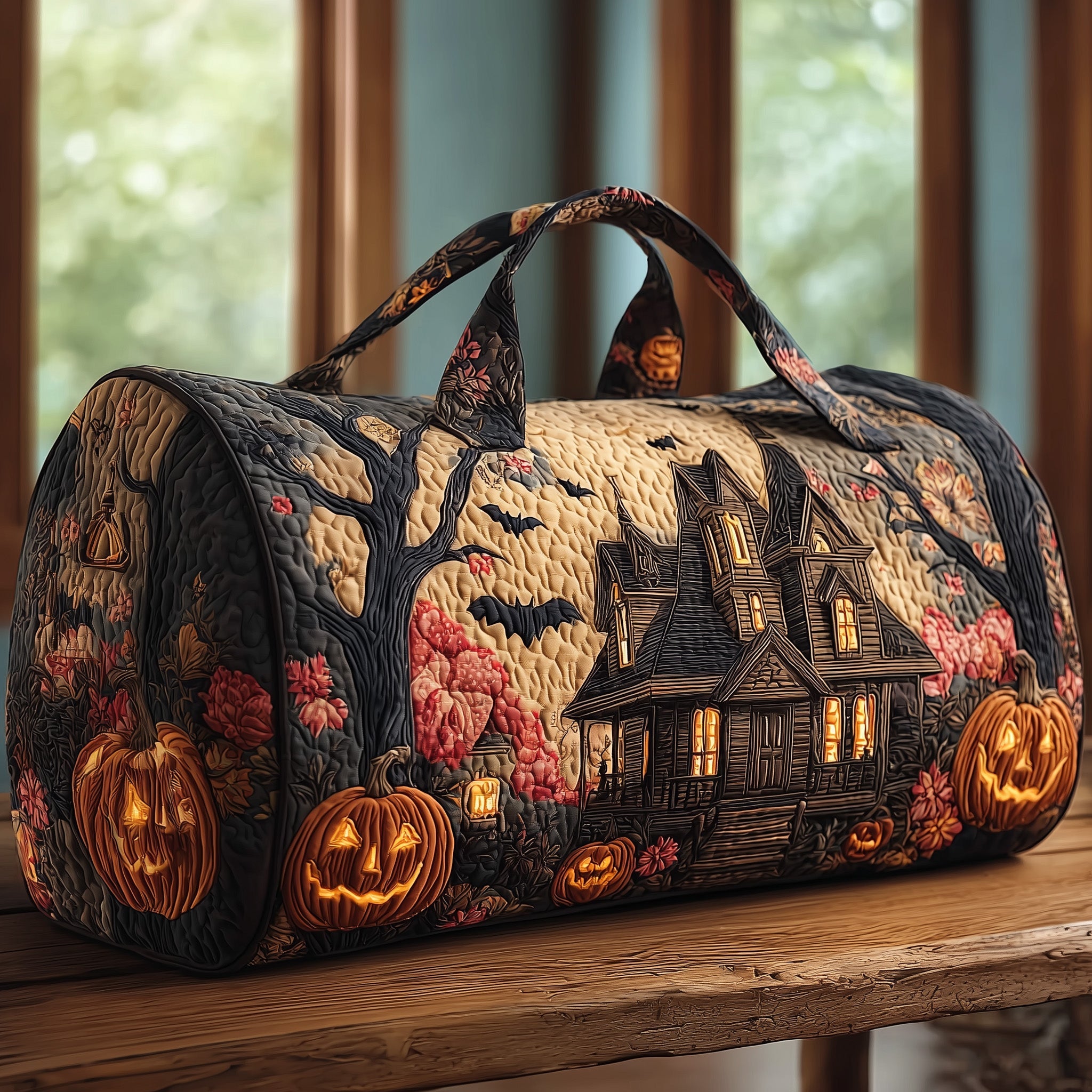 Spooky House Quilted Duffle Bag Organized Storage Pockets