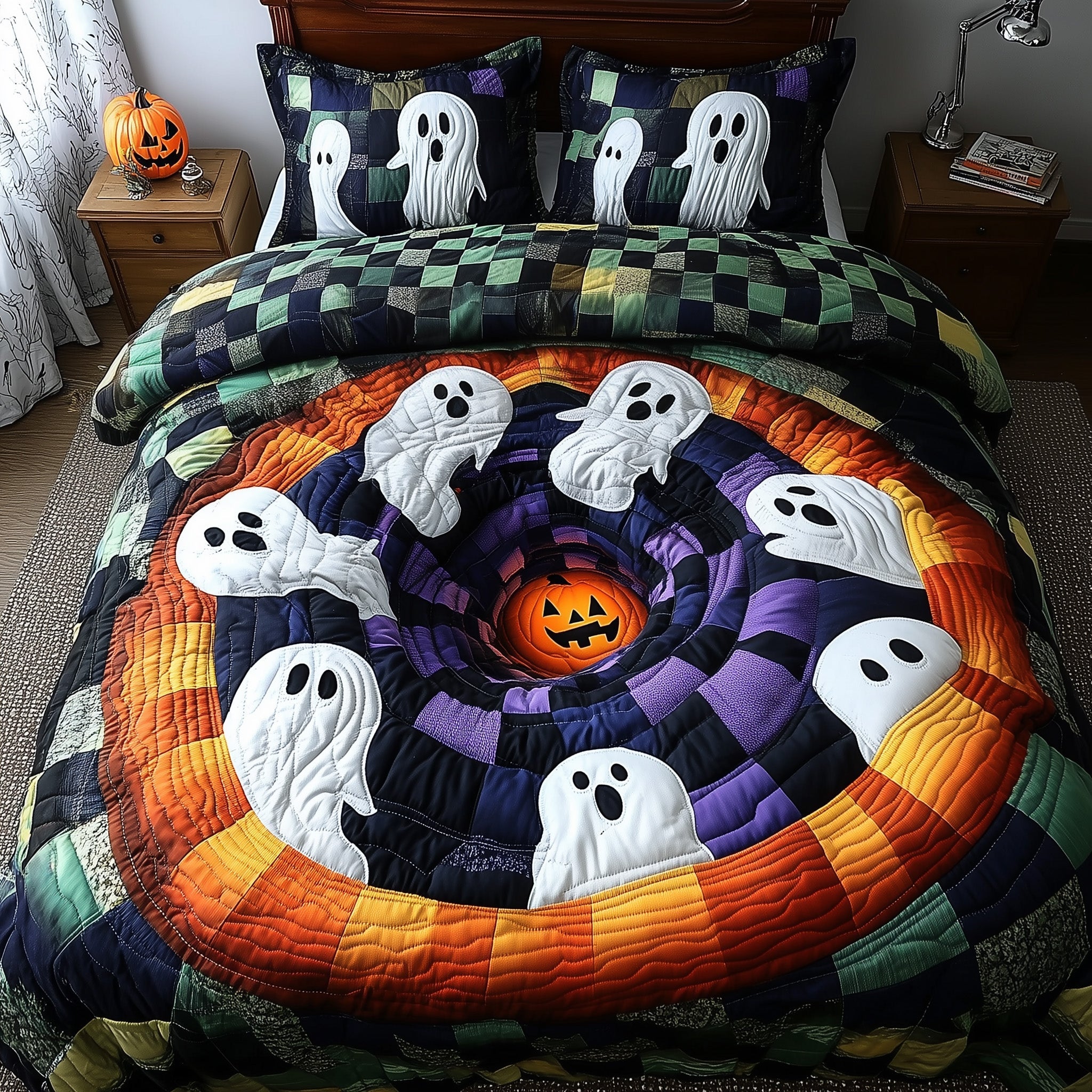 Spooky Illusion Quilted Bedding Set Haunted Ghost Spiral Unique Bedding Spooky Gifts