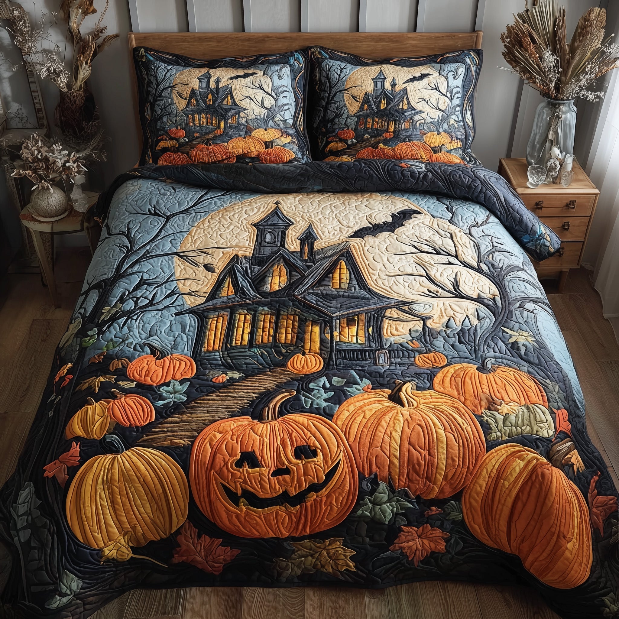 Spooky Manor Quilted Bedding Set Linen Blend