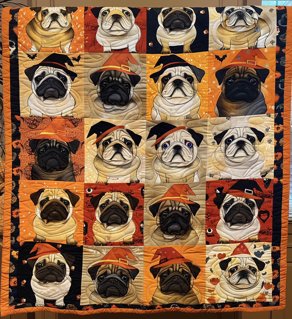 Spooky Pug Quilted Blanket Christmas Gifts For Pug Lovers