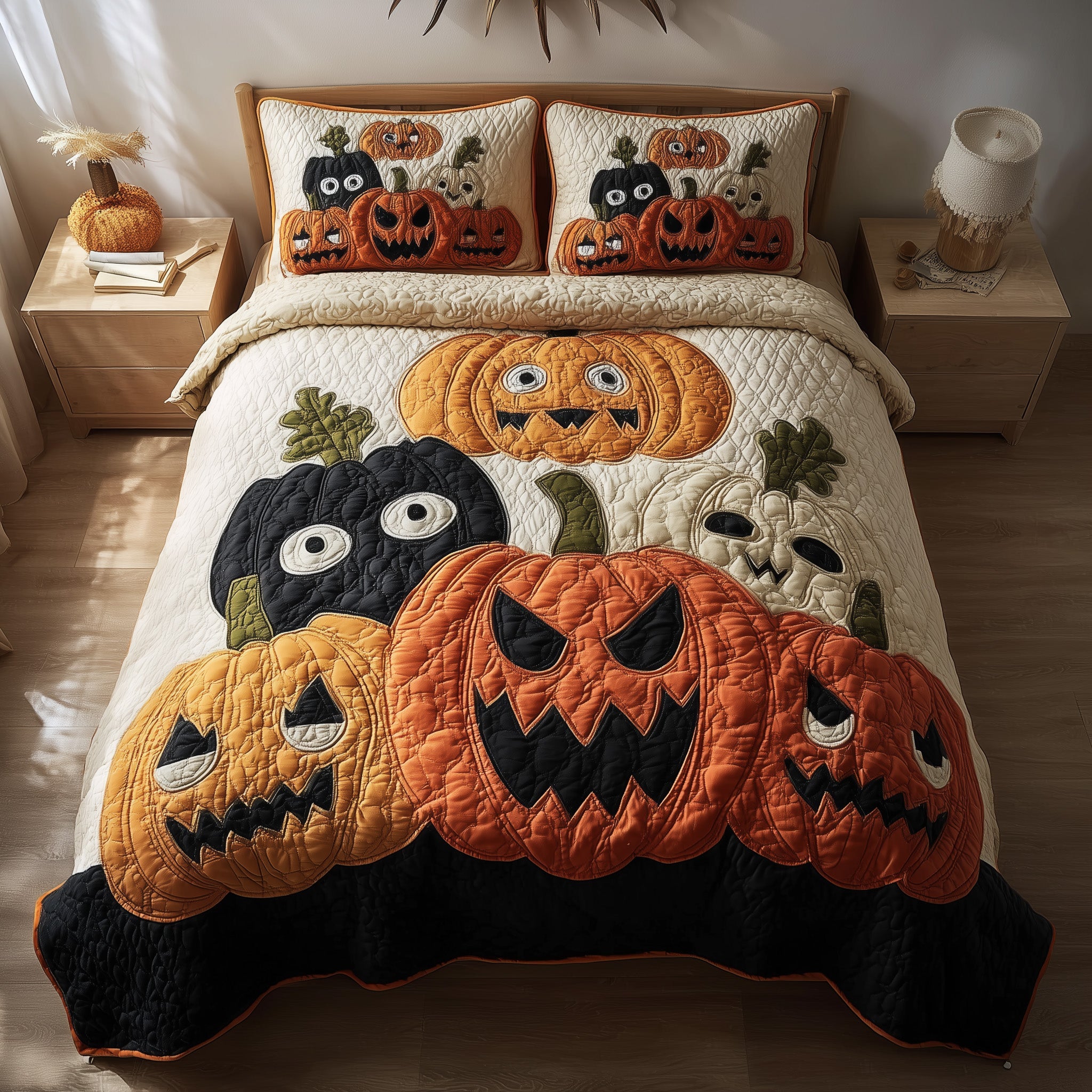Spooky Pumpkin Quilted Bedding Set For Women