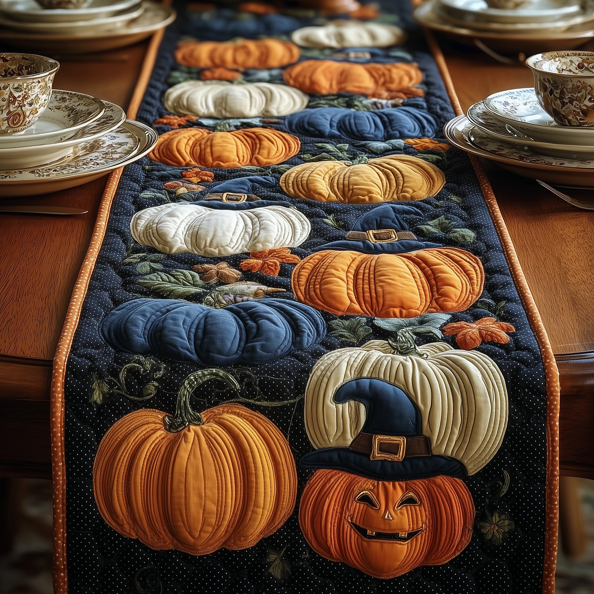 Spooky Pumpkin Quilted Table Runner Elegant Christmas Table Runner