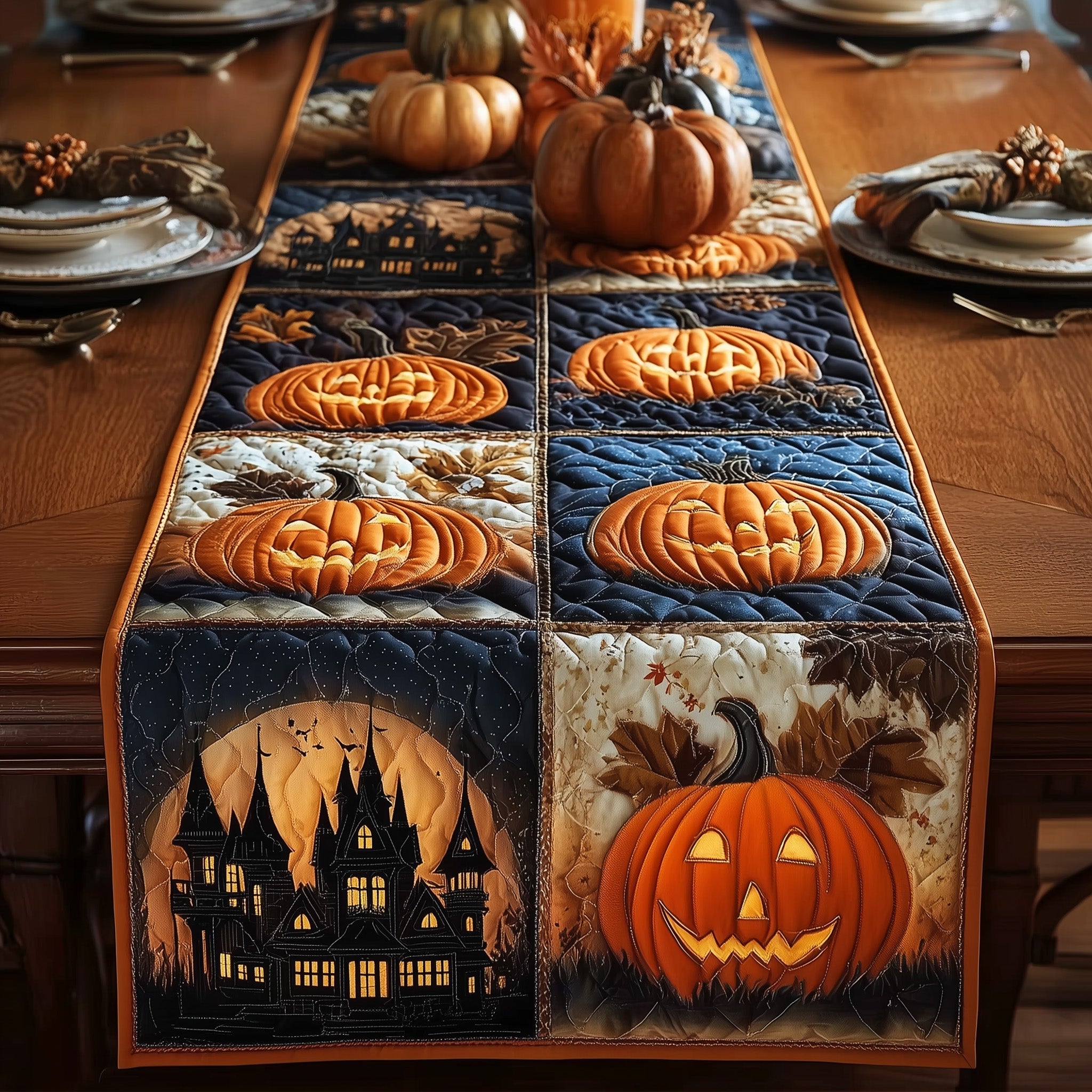 Spooky Pumpkin Quilted Table Runner Festive Christmas Dining Room Table Runner