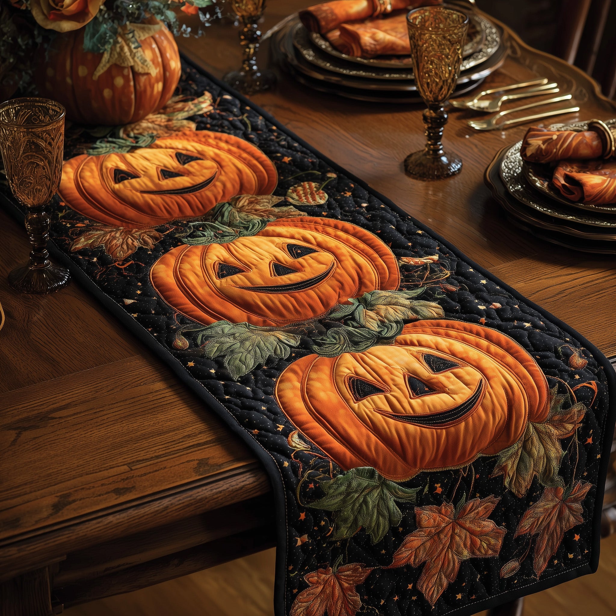 Spooky Pumpkin Quilted Table Runner Holiday Dinner Table Runner