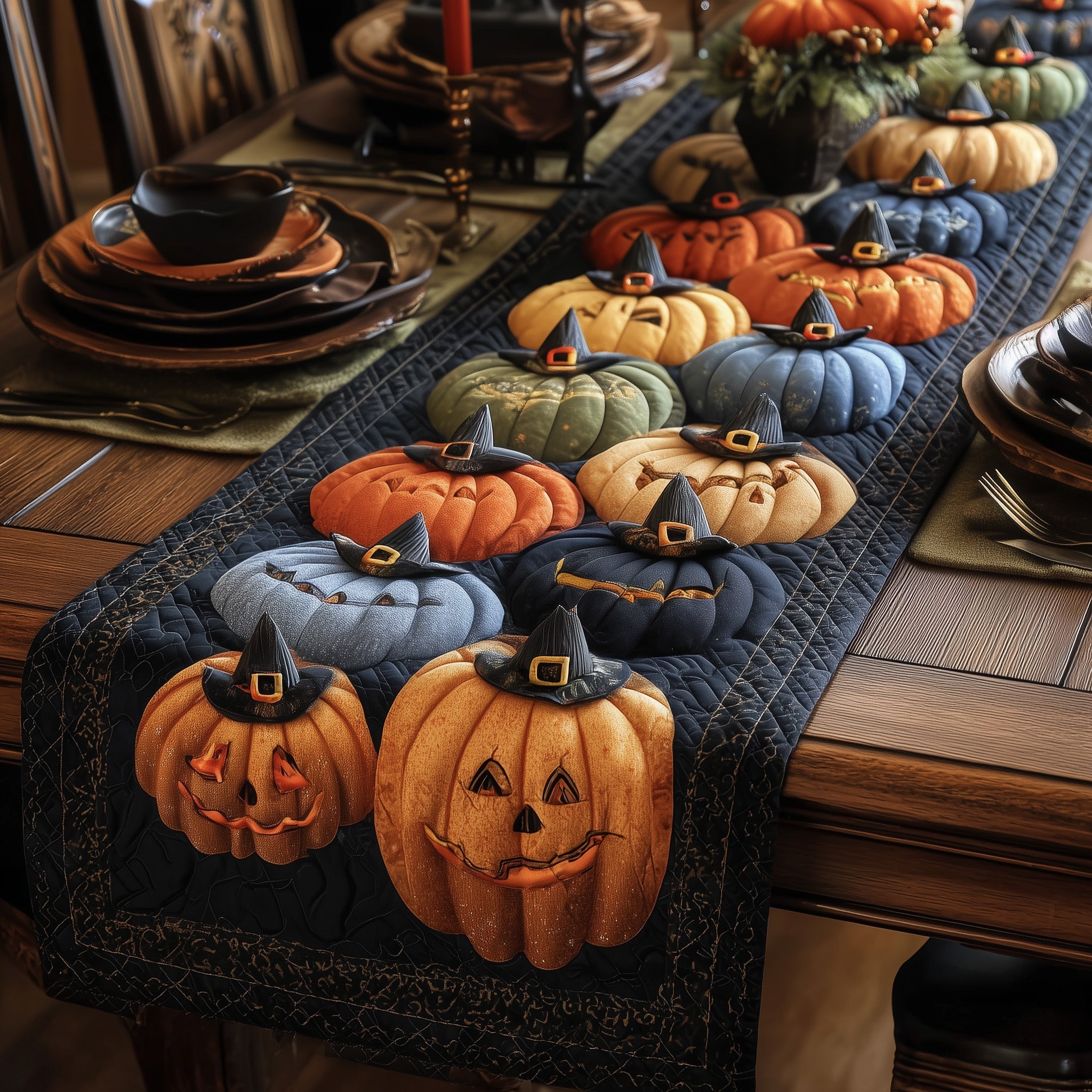 Spooky Pumpkin Quilted Table Runner Seasonal Table Runner for Holidays