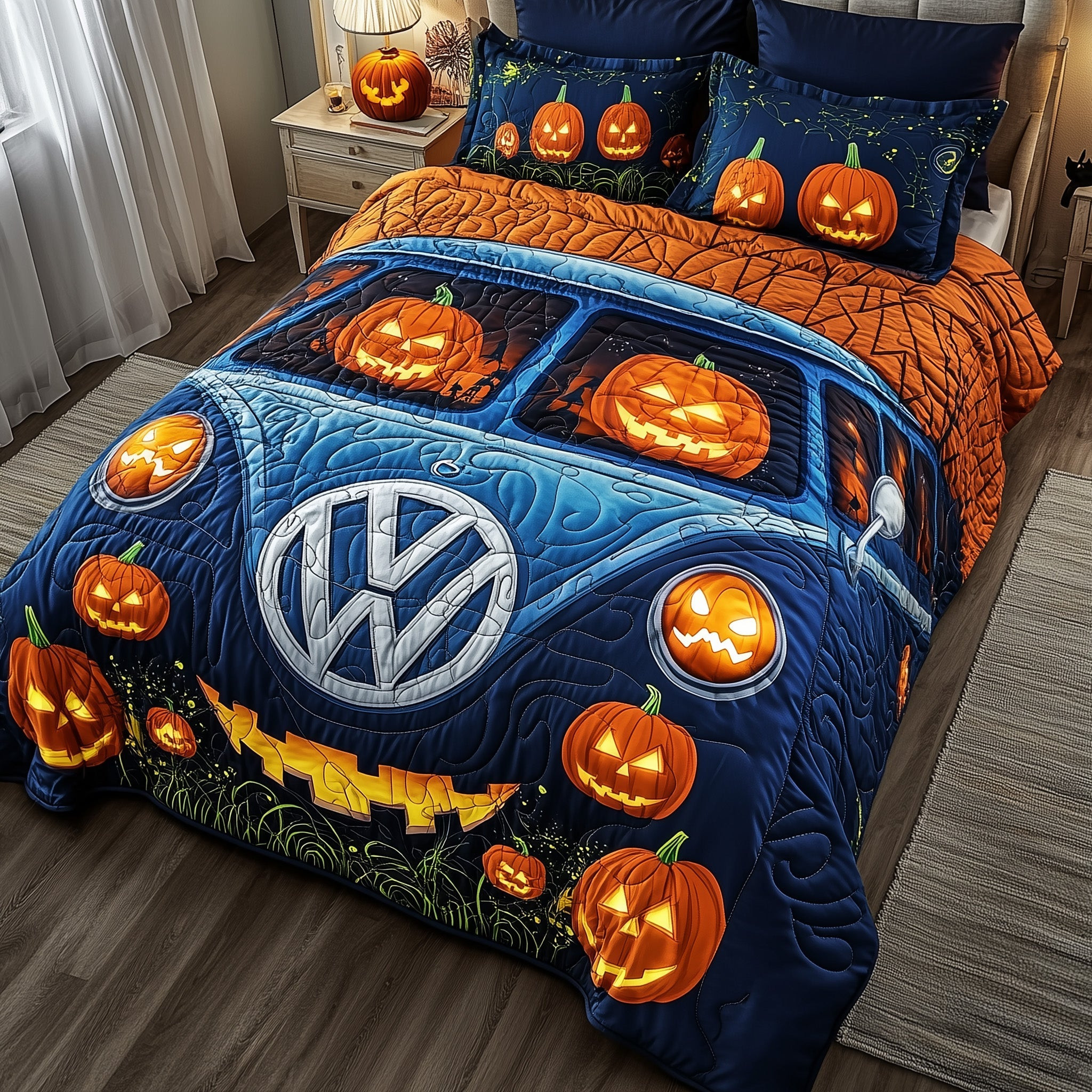 Spooky Ride Quilted Bedding Set Jack-OÃ¯Â¿Â½-Lantern Creepy Halloween Bedroom Gifts