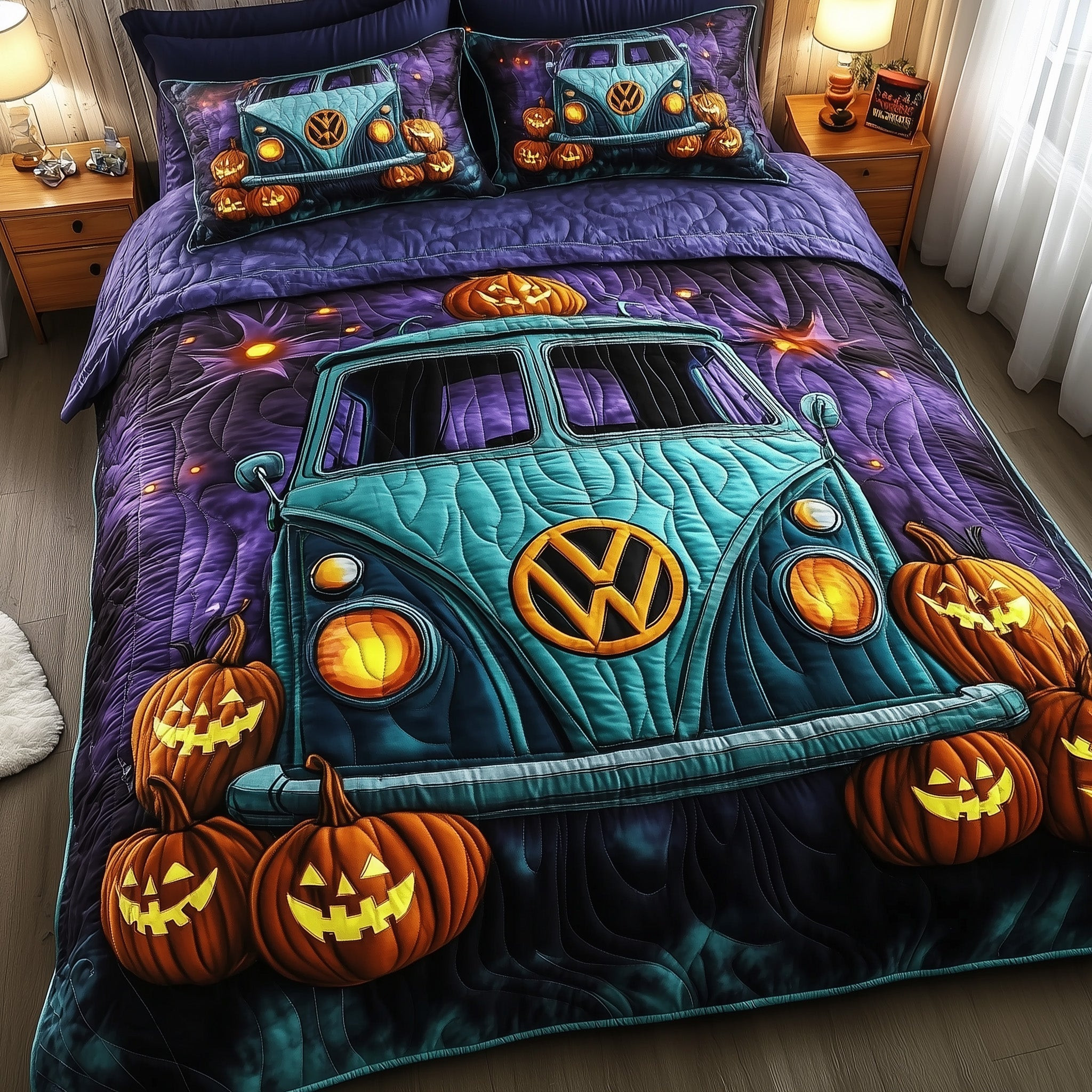 Spooky Ride Quilted Bedding Set Trick Or Treat Pumpkin Haunted Halloween Bedroom Gifts
