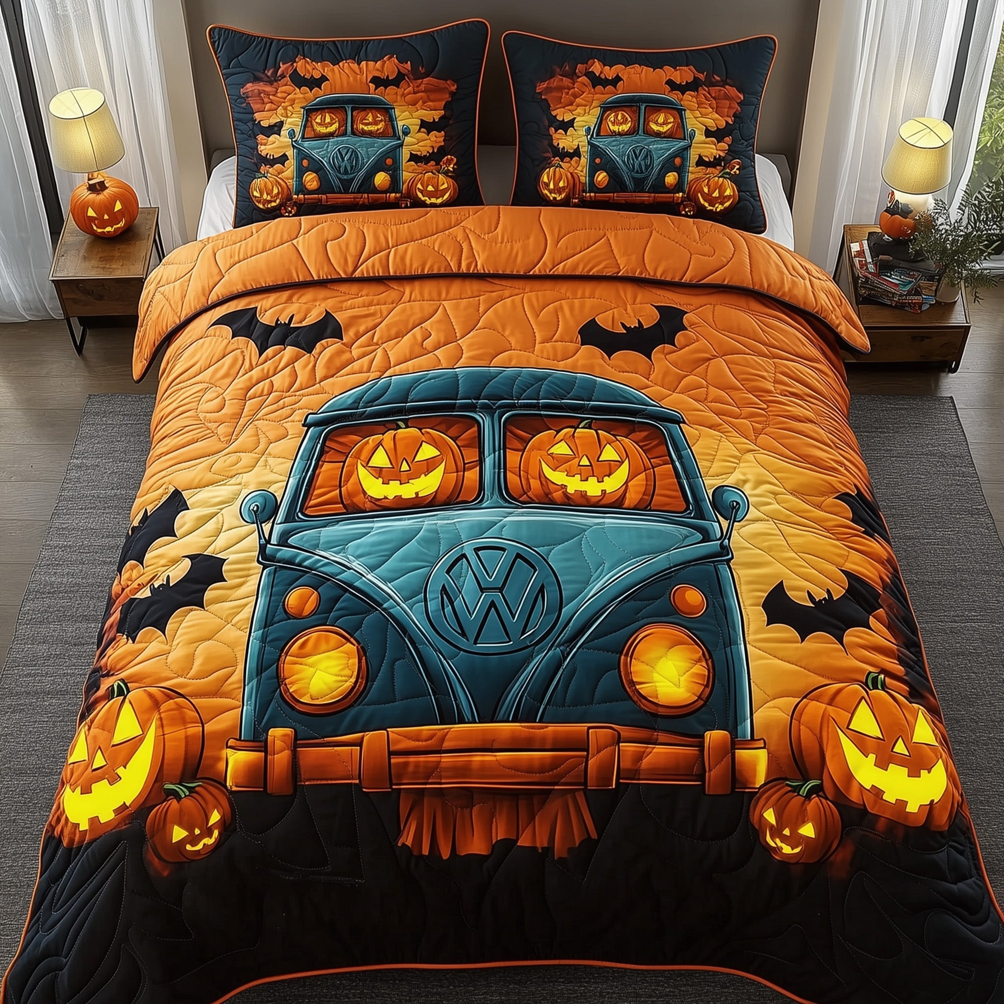Spooky Ride Quilted Bedding Set Trick Or Treat Pumpkin Spooky Halloween Bedroom Gifts