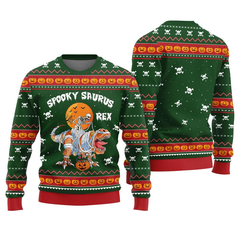 Spooky Saurus Rex Halloween Sweater Forest Green Perfect Holiday Gift Merch for Sweater Lovers