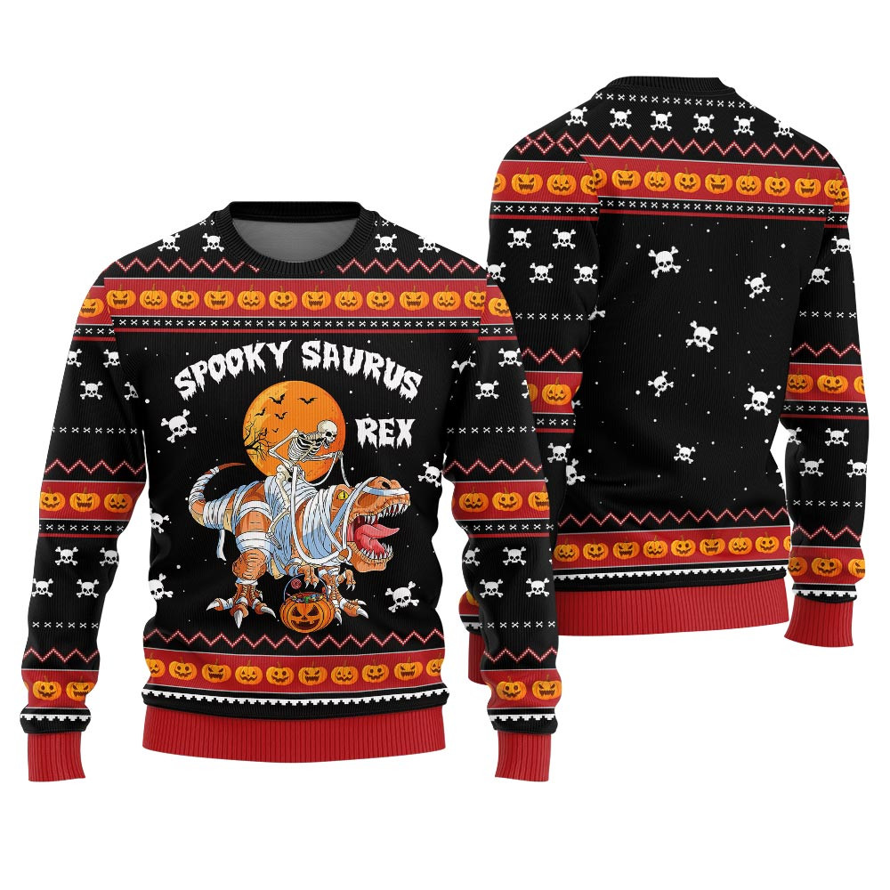 Spooky Saurus Rex Ugly Halloween Sweater Black Holiday Merch That Makes a Perfect Christmas Gift