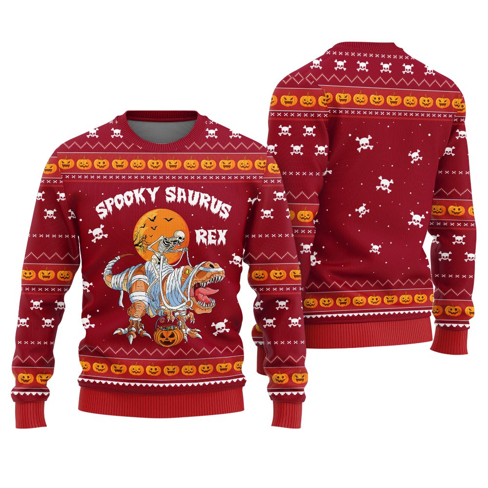 Spooky Saurus Rex Ugly Sweater Halloween Red Perfect Holiday Gift Merch for Sweater Lovers