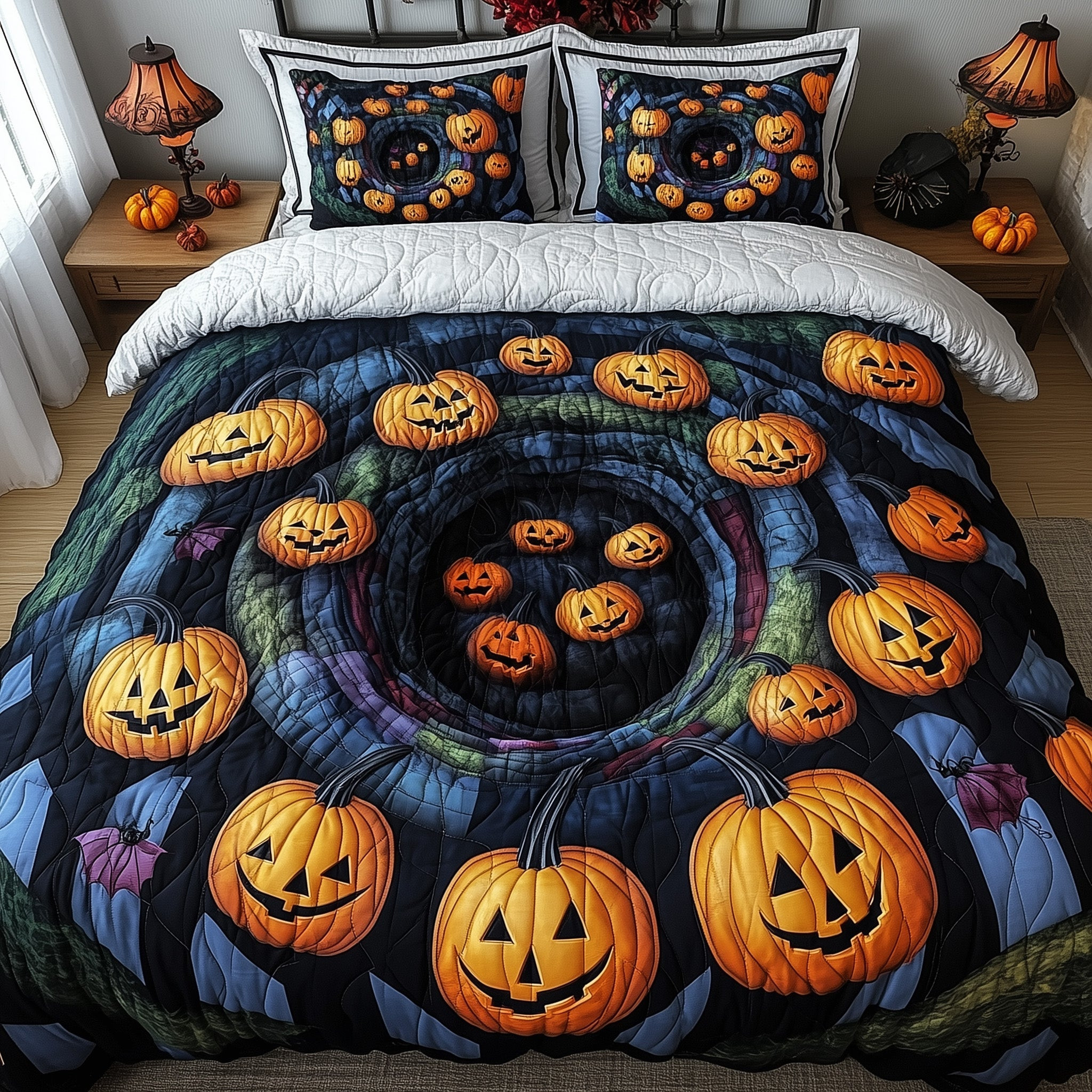 Spooky Site Quilted Bedding Set Creepy Pumpkin Spiral Design Bedding Spooky Halloween Gifts