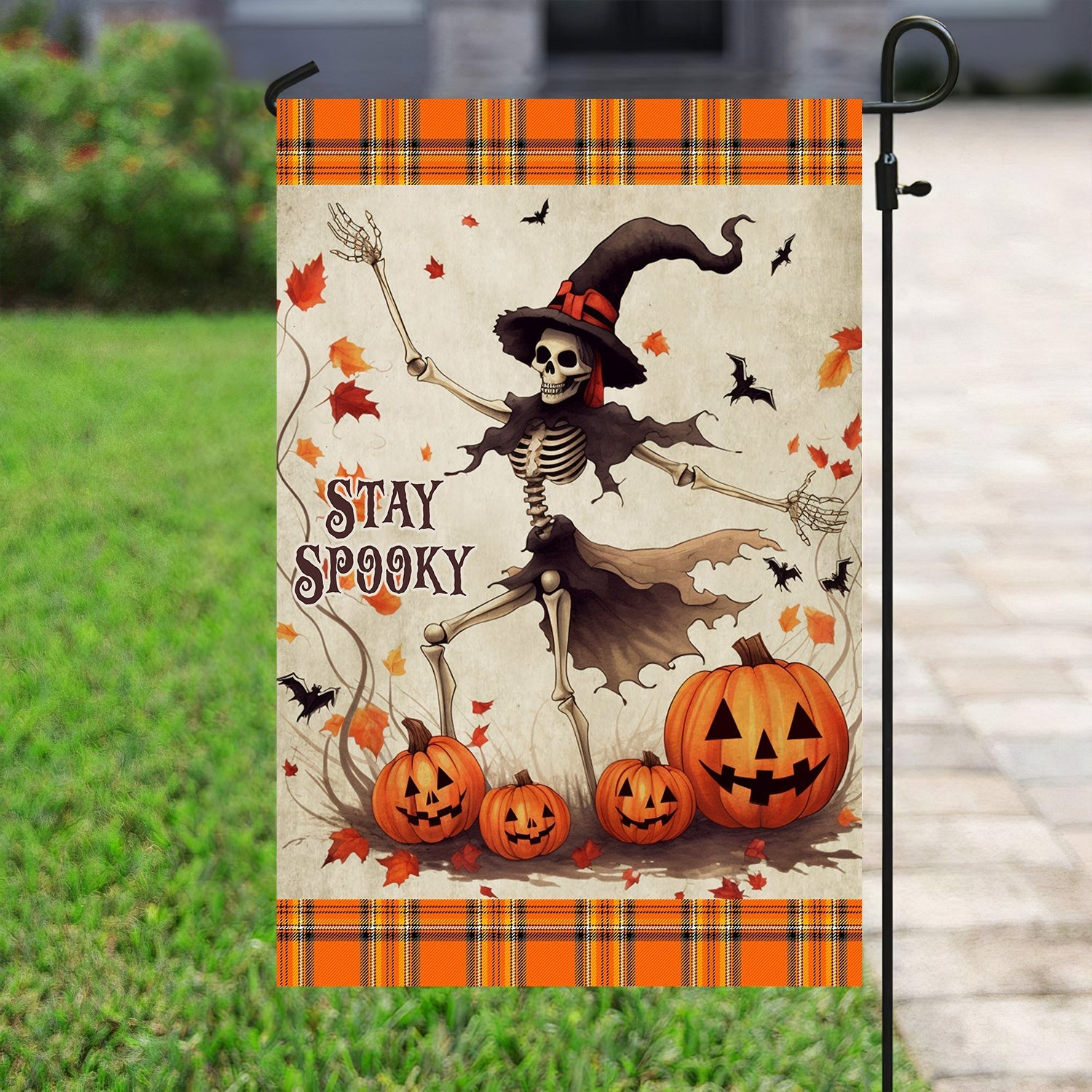 Spooky Skeleton Dancing Between Pumpkins Flag Pumpkin Vibes Halloween Gifts Ideas