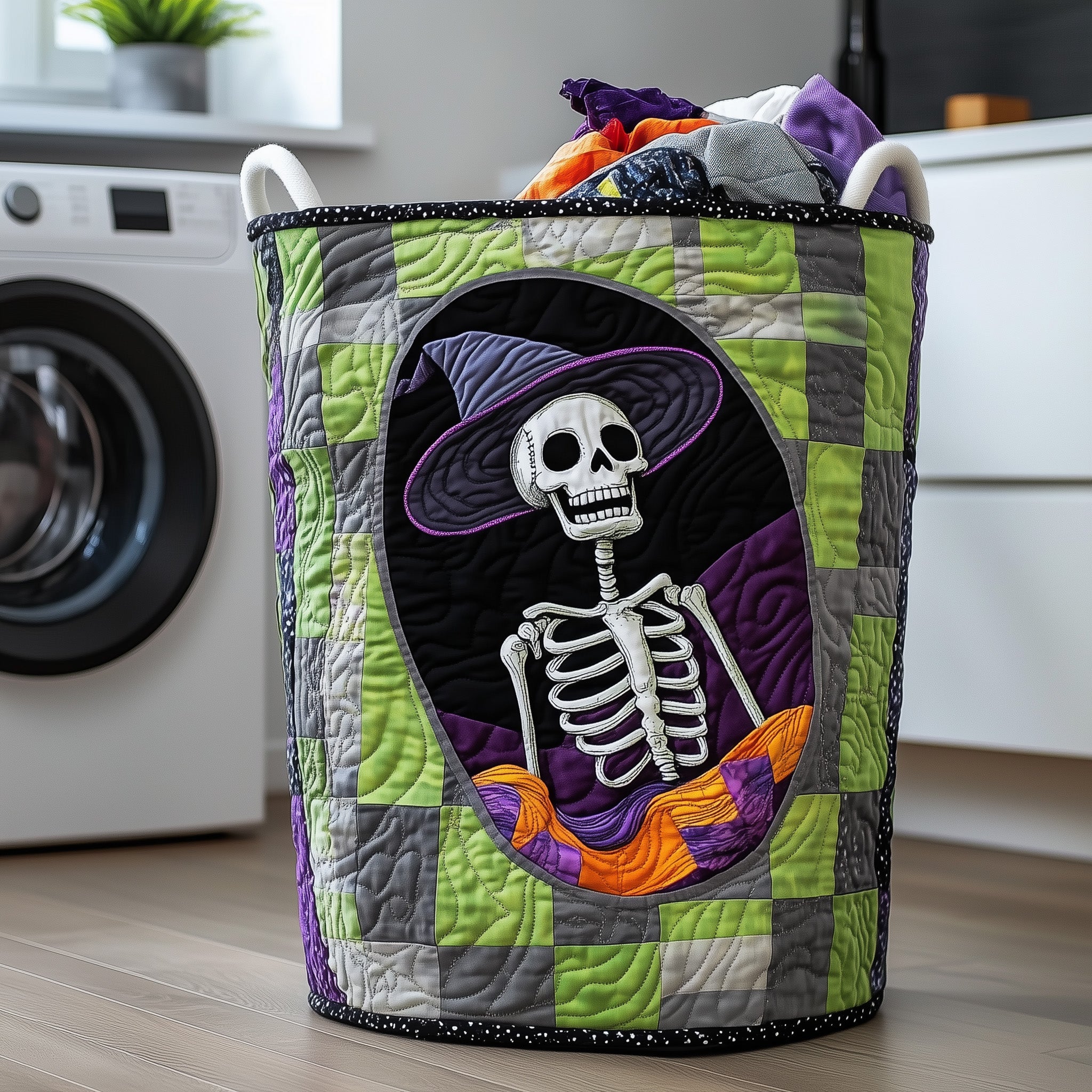 Spooky Skeleton Quilted Laundry Basket New Year Merch Gift