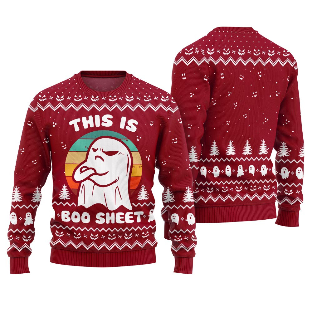 Spooky This Is Boo Sheet Ugly Halloween Sweater Red Perfect Holiday Gift Merch for Sweater Lovers