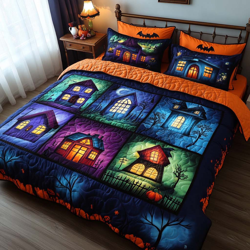 Spooky Village Quilted Bedding Set Halloween Sheet Set Unique Present For Family