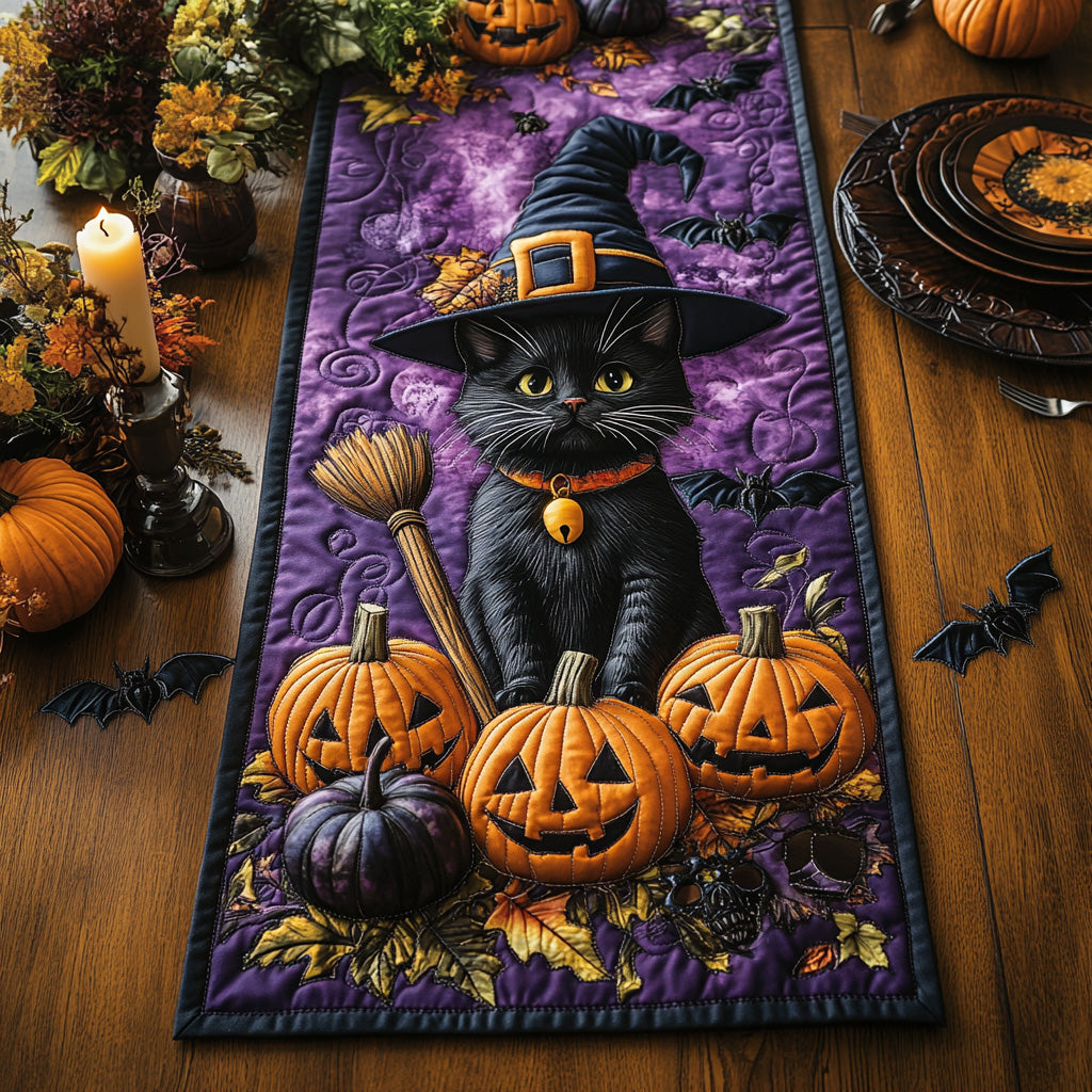 Spooky Whimsy Black Cat Quilted Table Runner Spooky Table Runner Halloween Table Decor