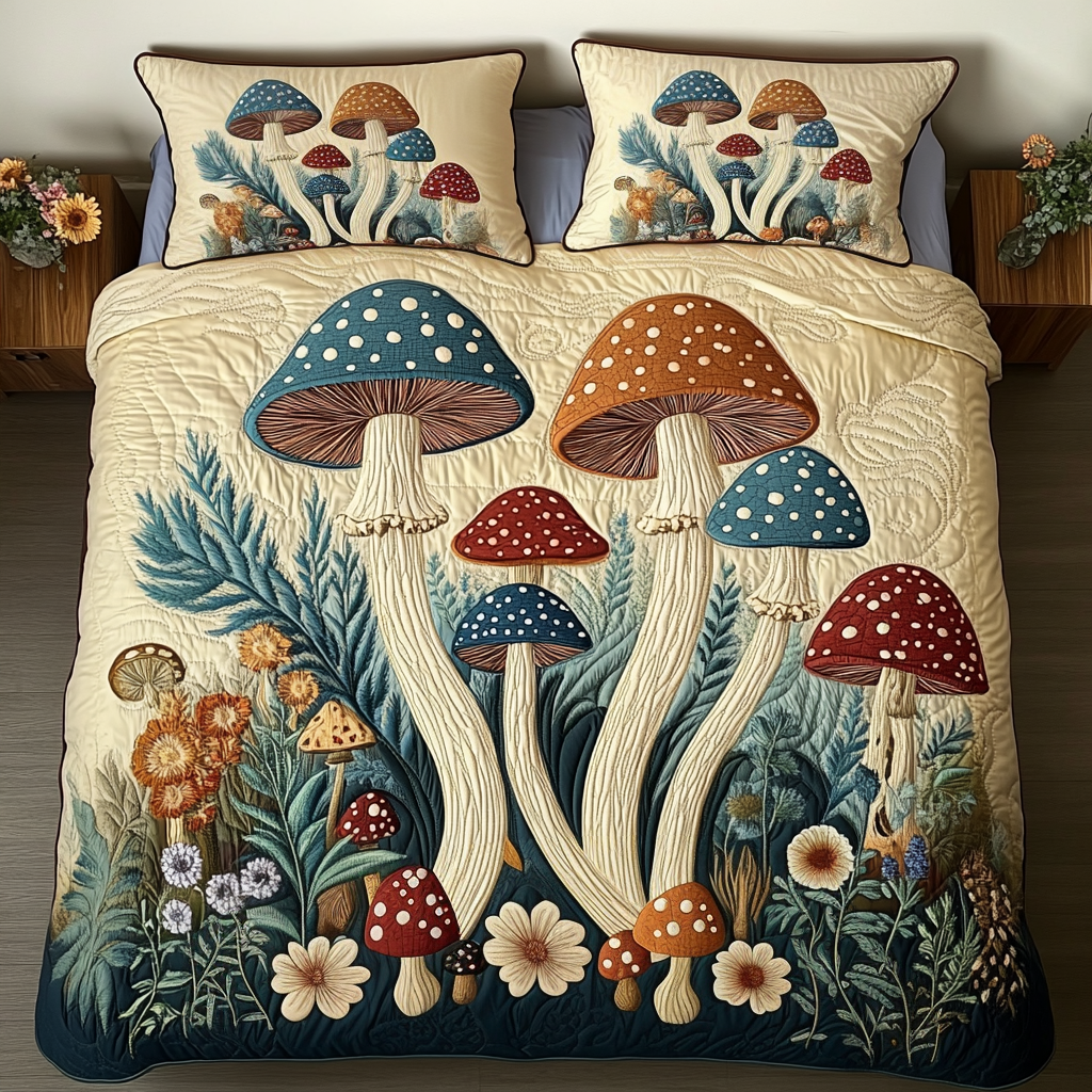 Spore Dreams Quilted Bedding Set Cute Room Decor Gifts For Mushroom Hunters