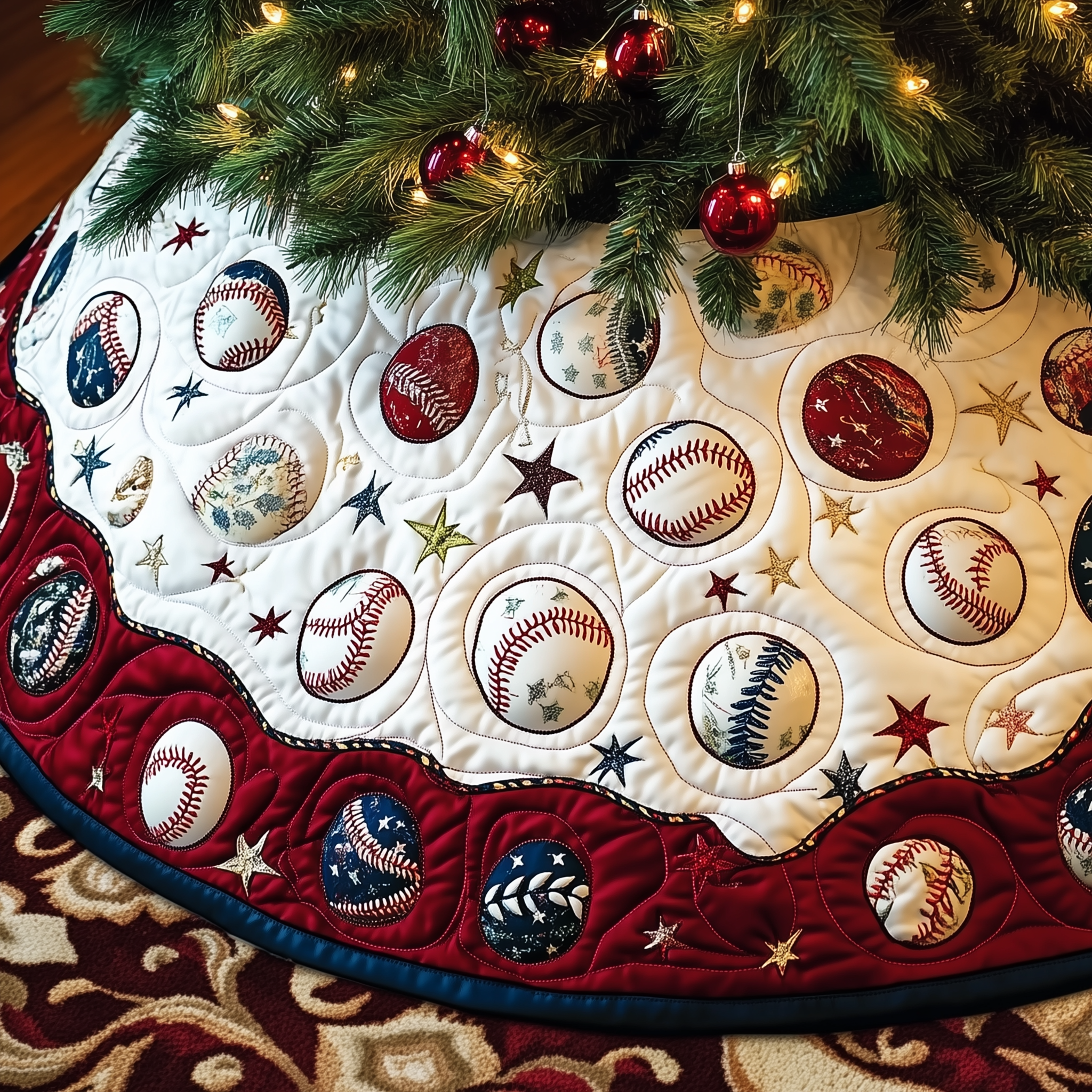 Sports Baseball Christmas Tree Skirt Quilted Holiday Gift for Baseball Player or Coach