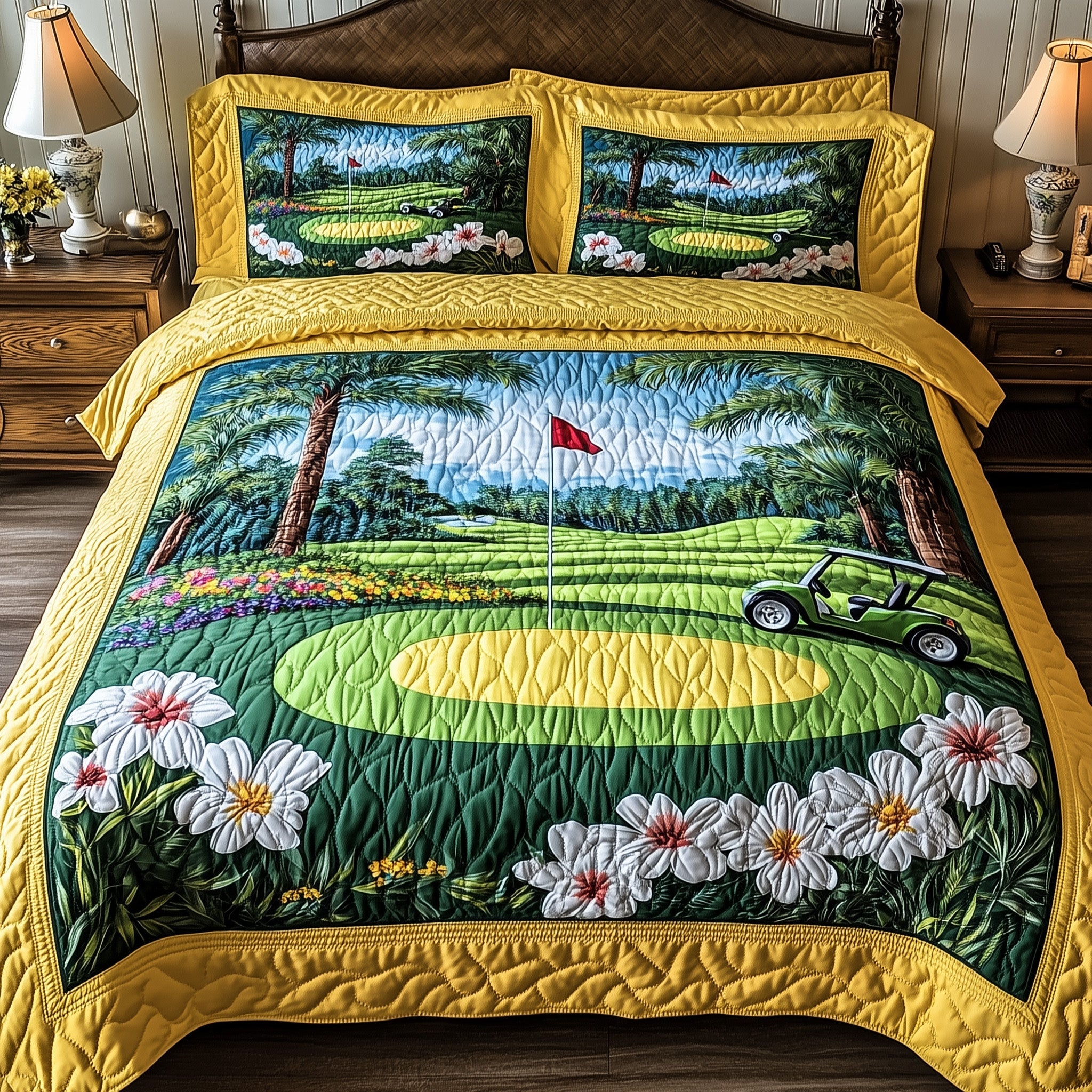 Spring at the Fairway Quilted Bedding Set Duvet Cover Merchandise Best Man Golf Gifts