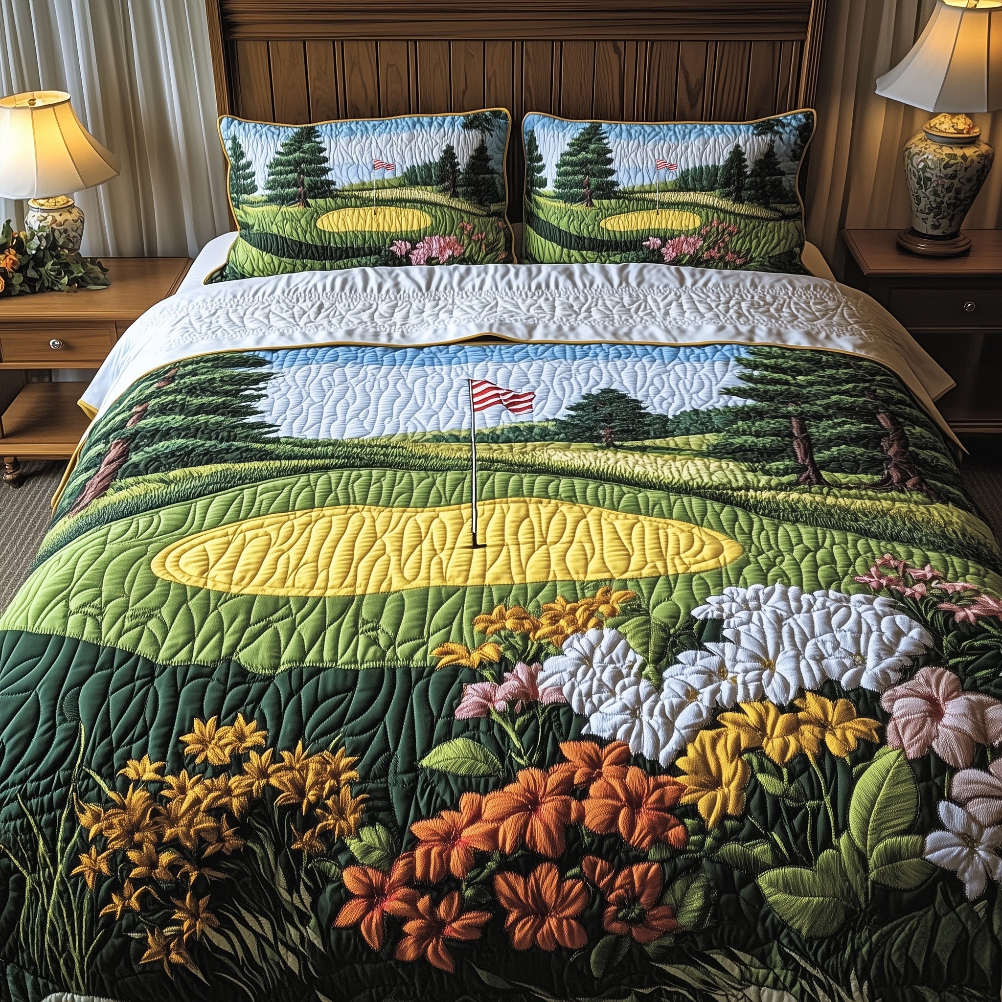 Spring at the Fairway Quilted Bedding Set Duvet Cover Merchandise Gifts For The Disc Golfer