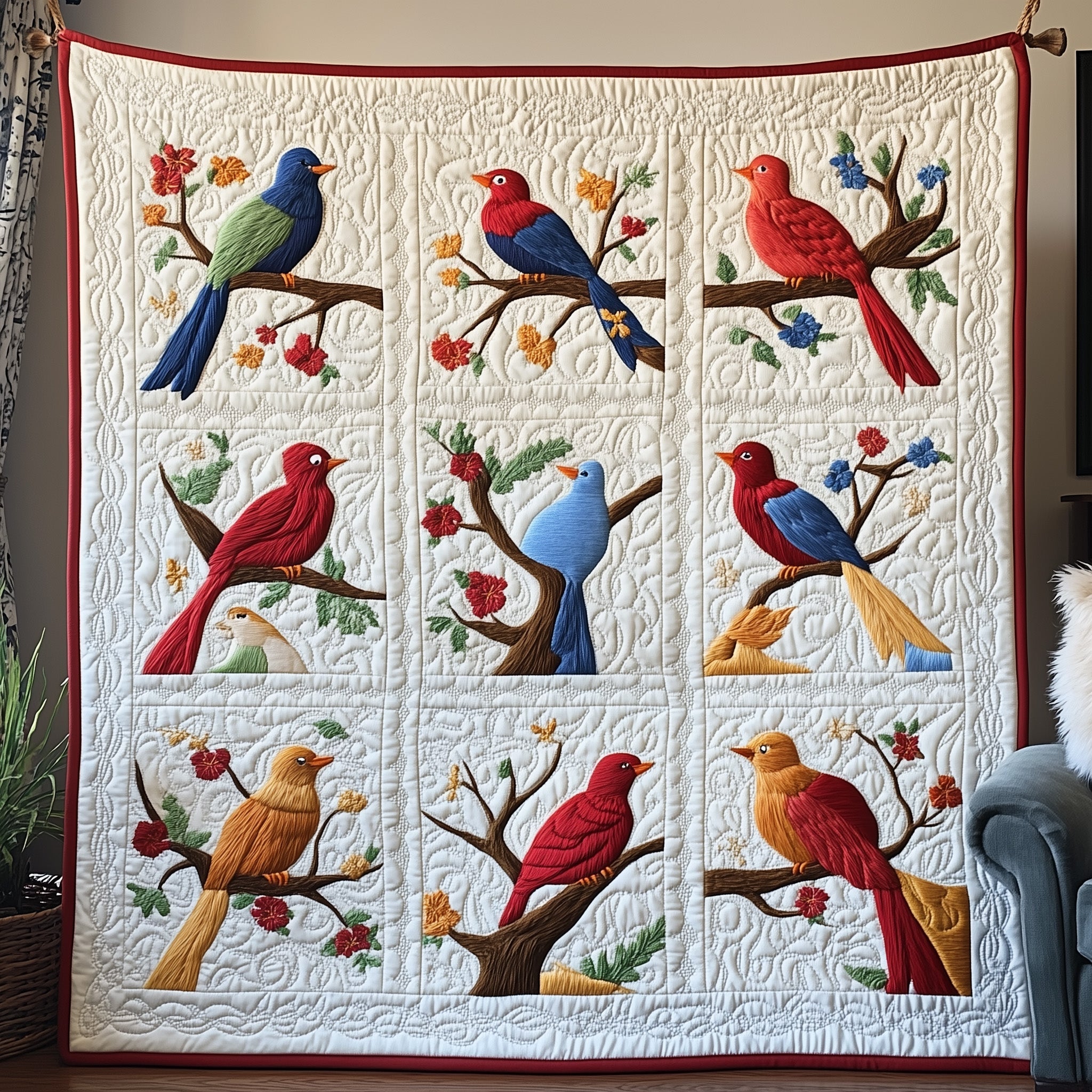 Spring Birds Quilted Blanket Nice Throw BlanketBirthday Gifts For Bird Lovers