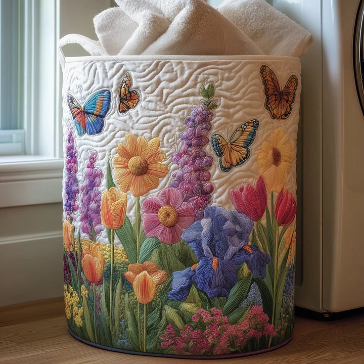Spring Bloom Wildflower Garden Quilted Laundry Basket Floral Home Decor Best Gift For Flower Lovers
