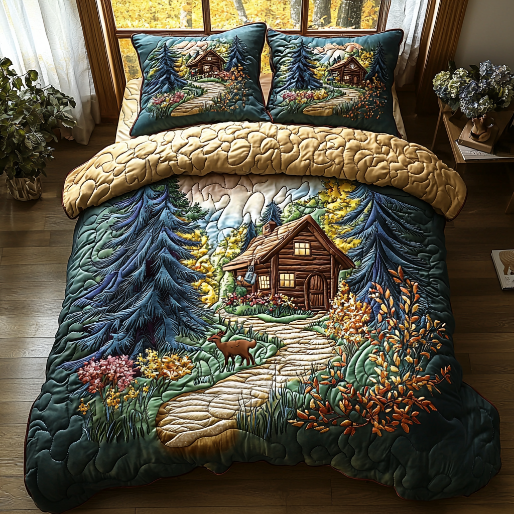 Spring Cabin Quilted Bedding Set Bedroom Forest Theme Christmas Gifts For Parent In Laws