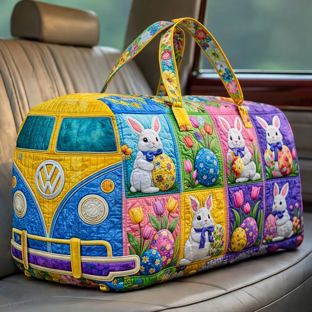 Spring Easter Bunny Tulip VW Bus Quilted Duffle Bag Holiday Travel Bag Best Gift For Easter Lovers