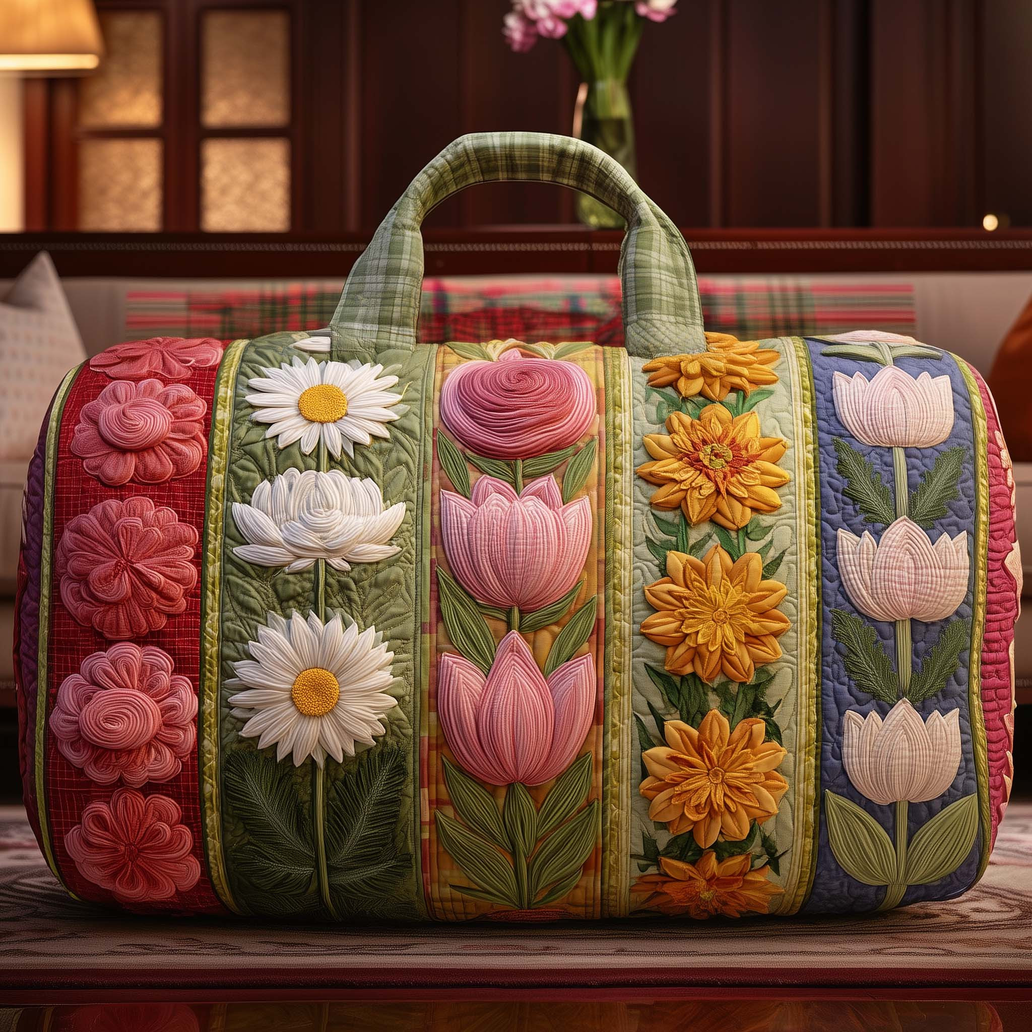 Spring Flower Garden Quilted Duffle Bag Daisy Tulip Sunflower Best Gift For Flower Lovers