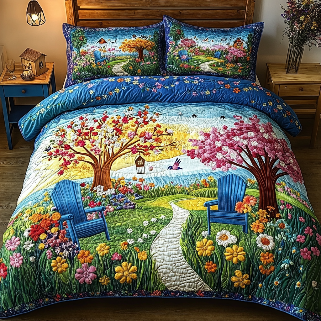 Spring Garden Chairs Quilted Bedding Set Bed Decorations Christmas Flower Gifts