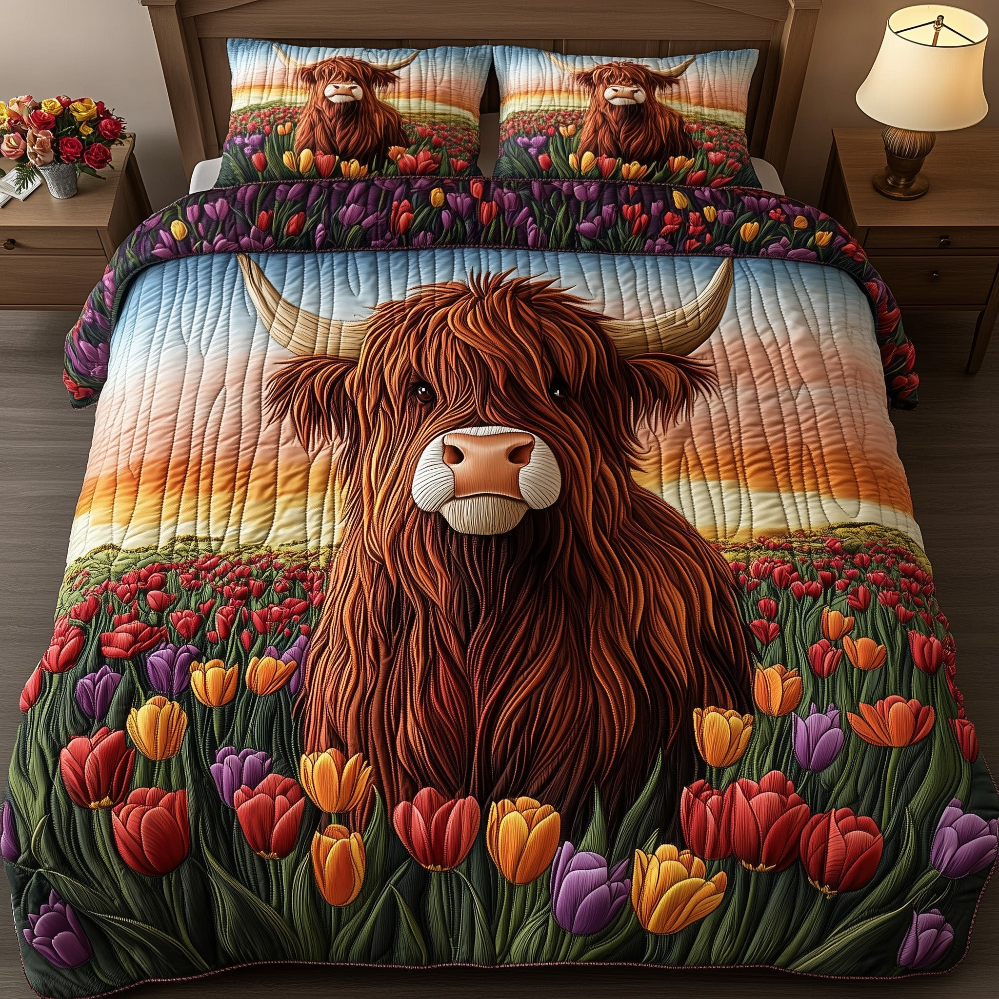 Spring Highland Majesty Quilted Bedding Set Duvet Cover Merchandise Highland Cow Merchandise