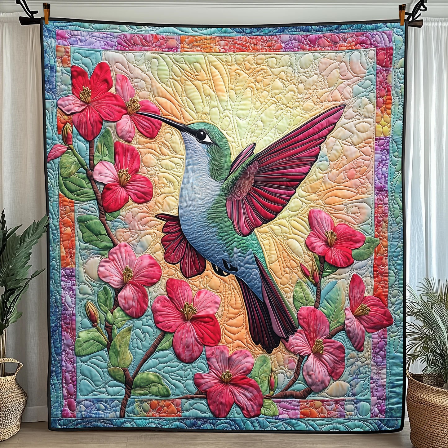 Spring Hummingbird Quilted Blanket Cute Cozy BlanketBirthday Presents For Hummingbird Lovers