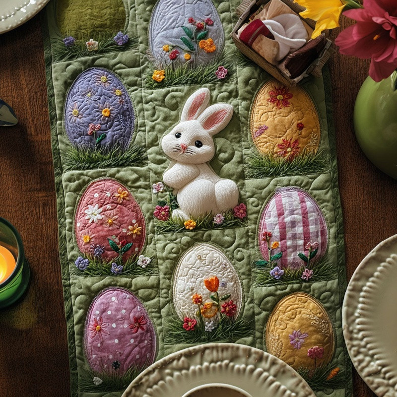 Spring Meadow Bunnies Quilted Table Runner Easter Table Decor Gift For Easter Lovers