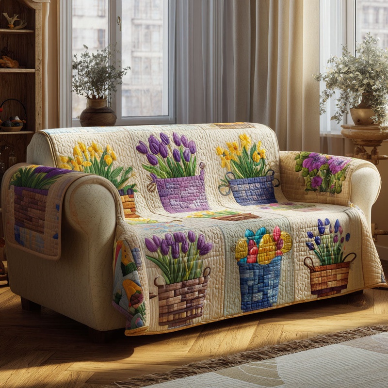Spring Meadow Joy Quilted Sofa Cover Floral Spring Decor Best Gift For Her